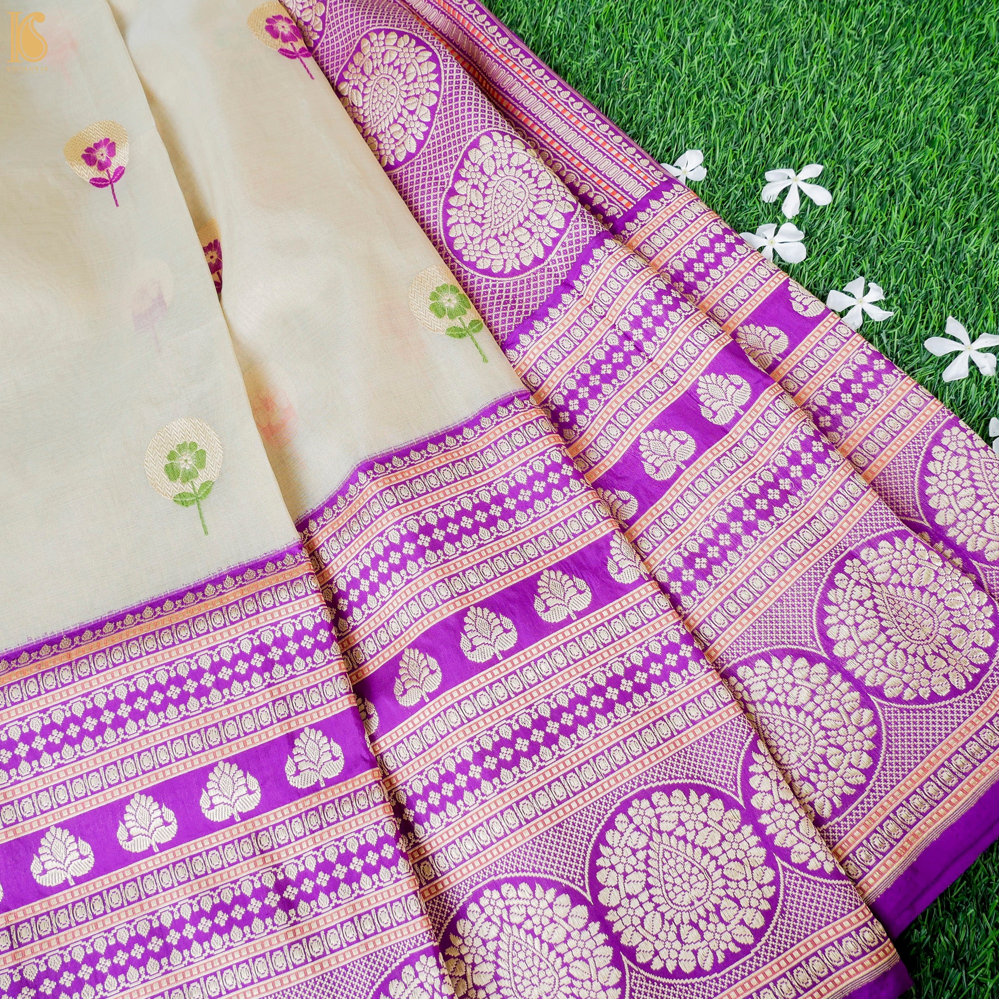 Handloom Banarasi Kora by Tissue Kadwa Green White Saree - Khinkhwab