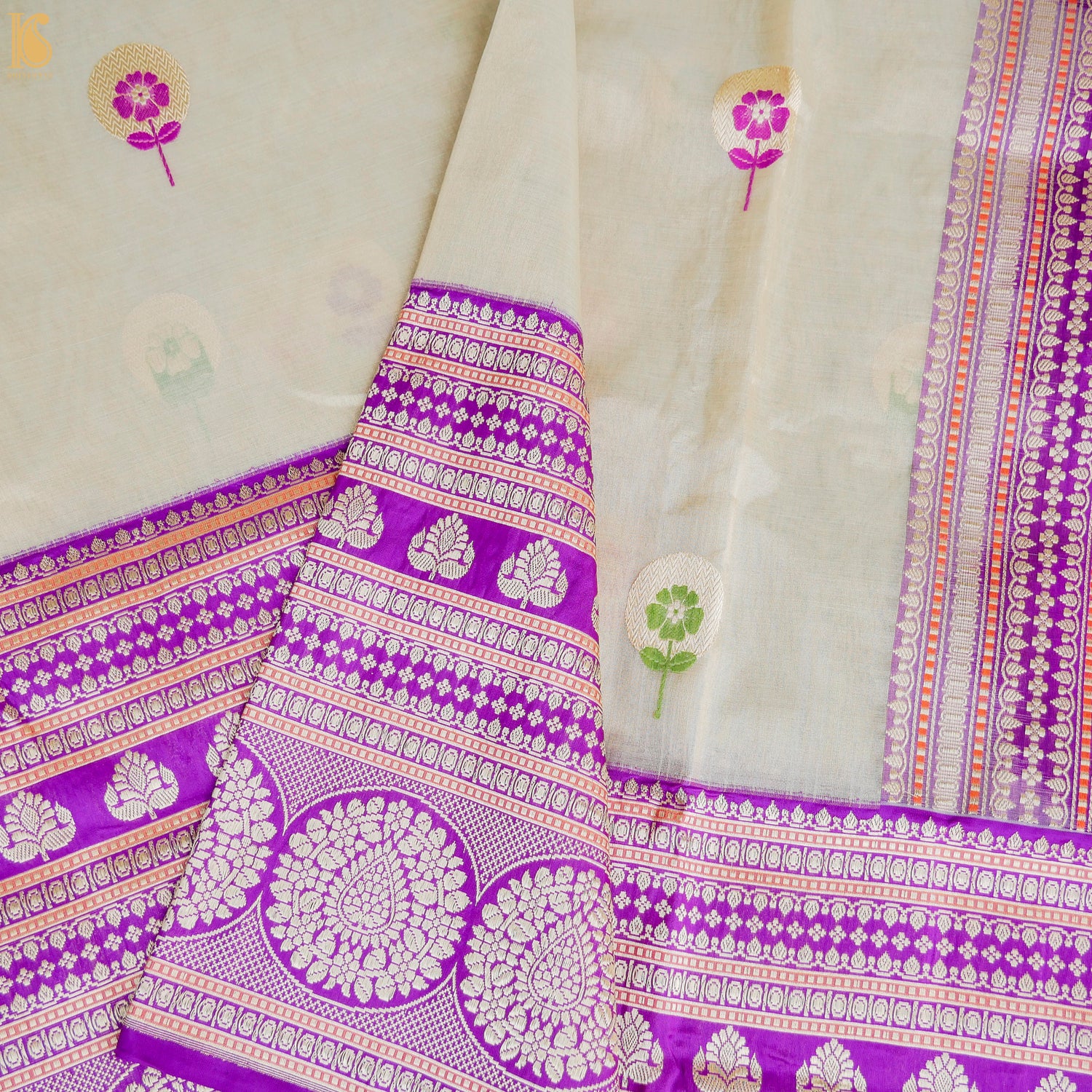 Handloom Banarasi Kora by Tissue Kadwa Green White Saree - Khinkhwab