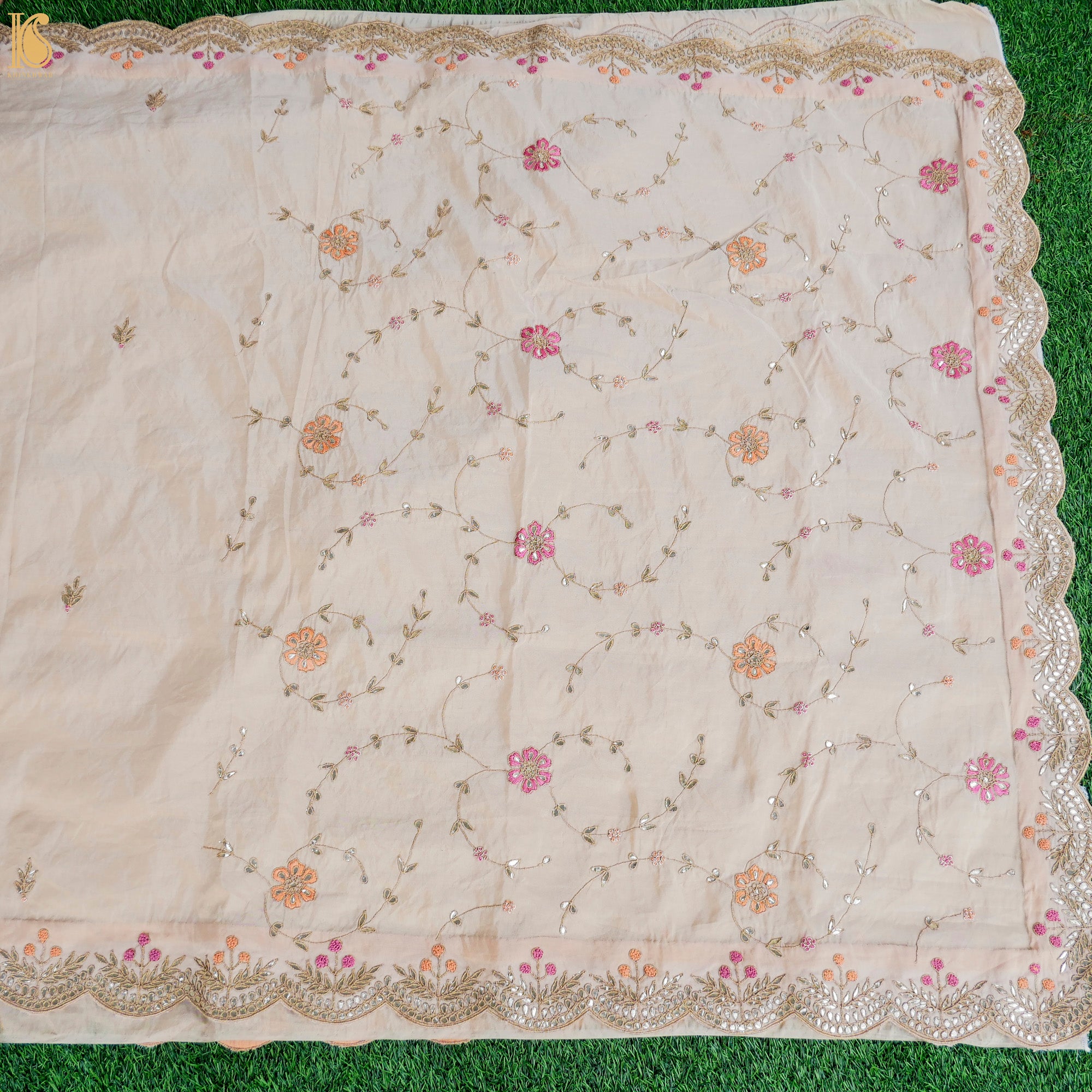 Pale Slate Pure Fine Tissue Silk Gotta Patti Resham Embroidery Saree - Khinkhwab