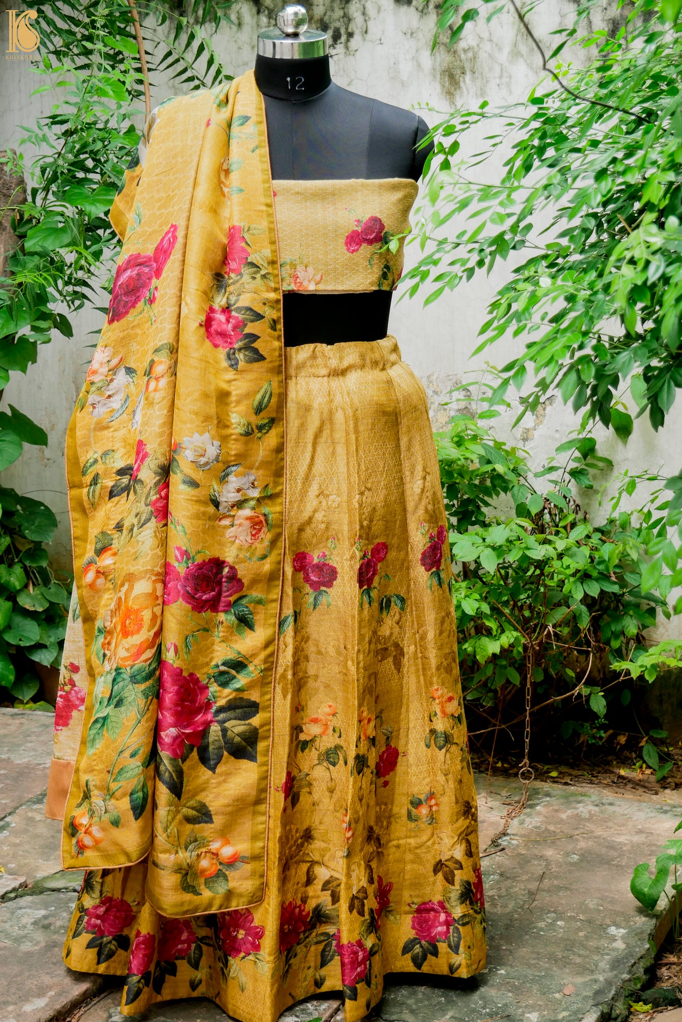 Nugget Yellow Pure Tussar Silk Print Kalidar Stitched Lehenga Set - Khinkhwab