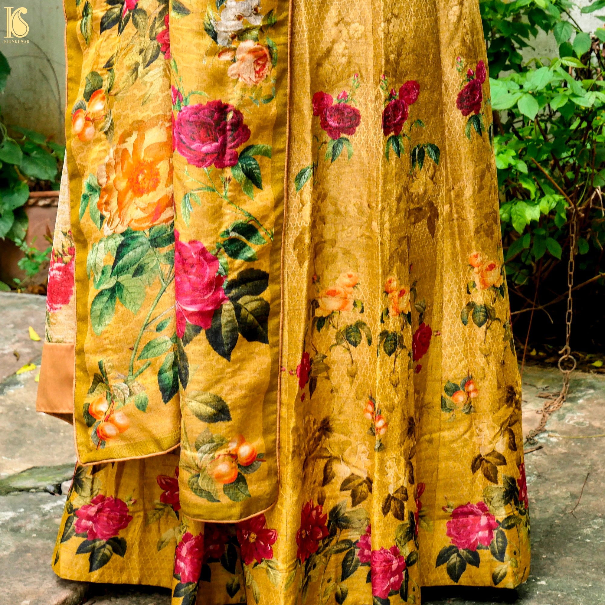Nugget Yellow Pure Tussar Silk Print Kalidar Stitched Lehenga Set - Khinkhwab