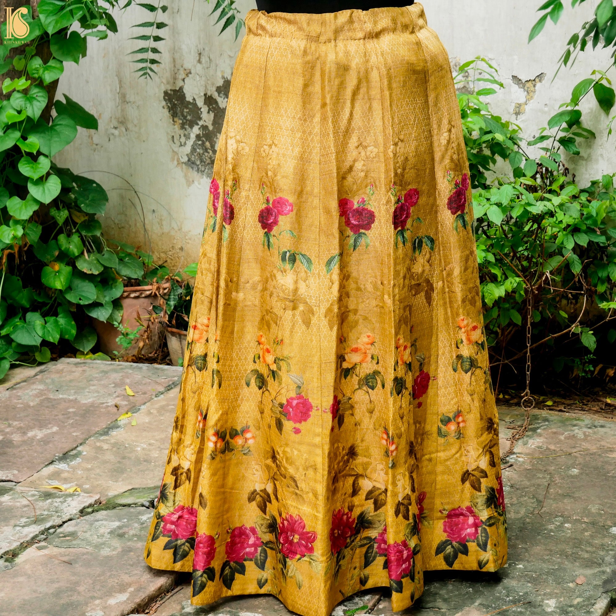 Nugget Yellow Pure Tussar Silk Print Kalidar Stitched Lehenga Set - Khinkhwab