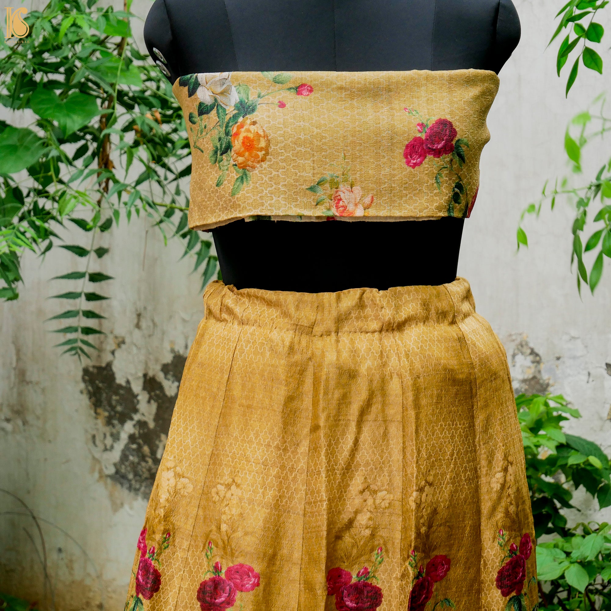 Nugget Yellow Pure Tussar Silk Print Kalidar Stitched Lehenga Set - Khinkhwab
