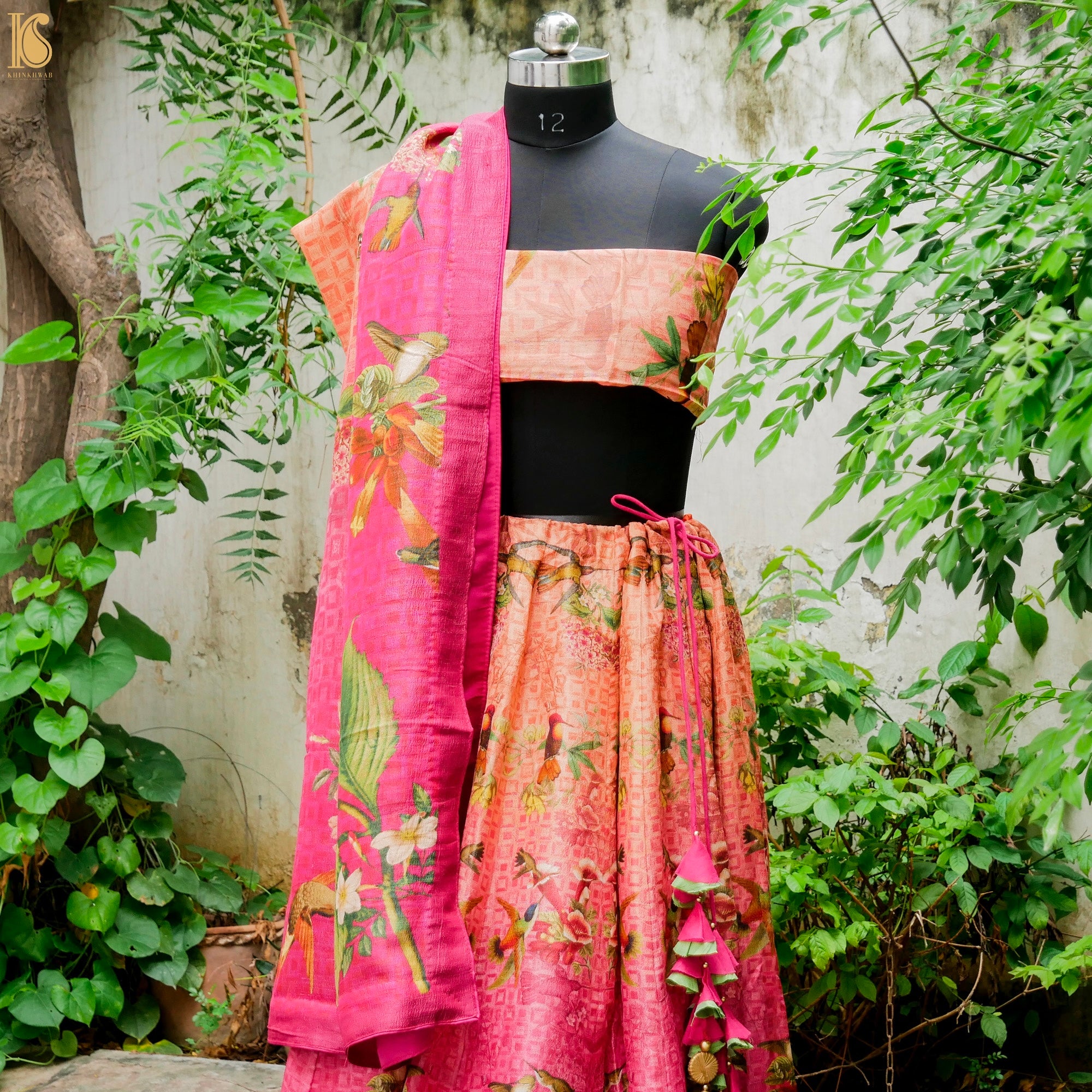 Cerise Pink Pure Tussar Silk Print Kalidar Stitched Lehenga Set - Khinkhwab