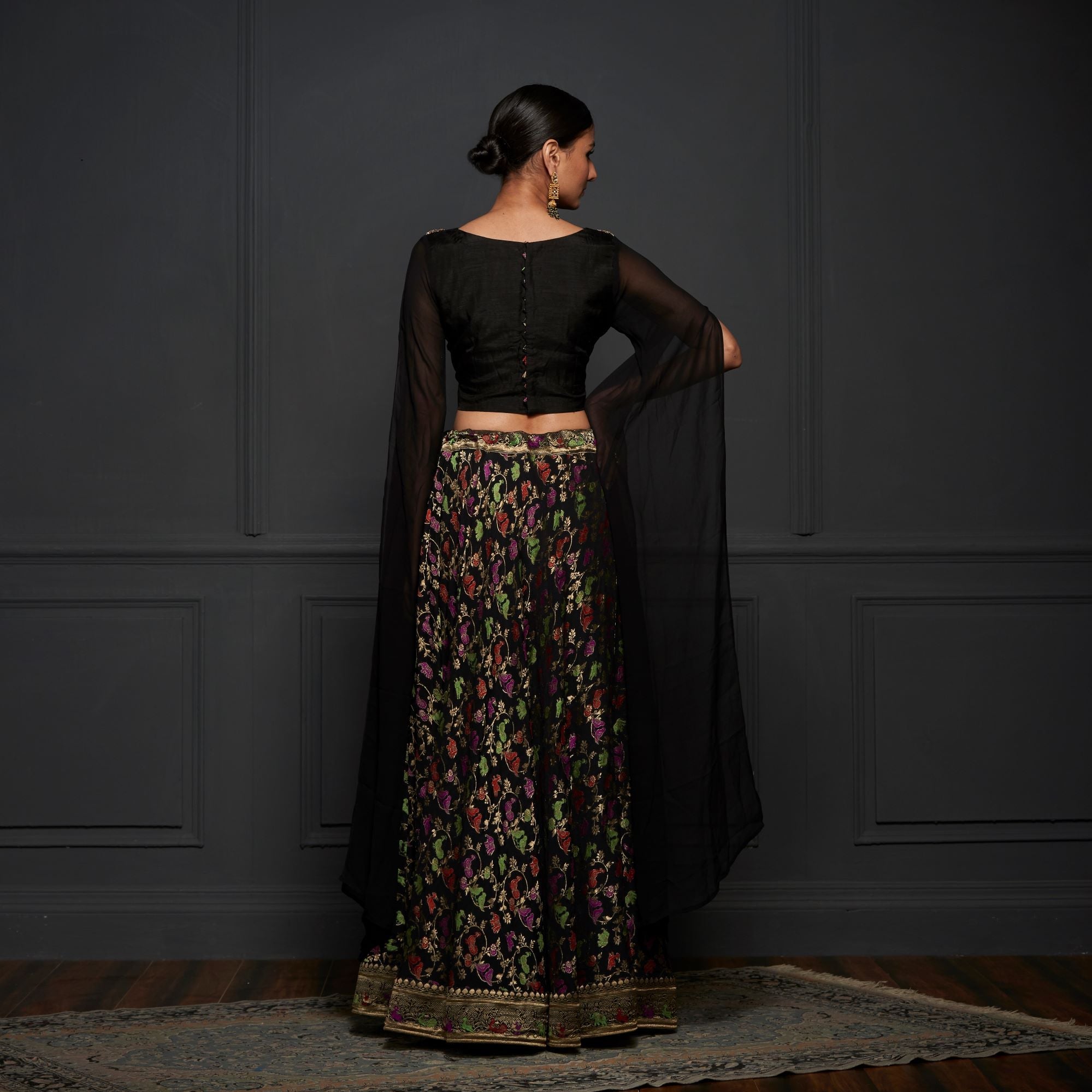 Black Georgette Shikargah Banarasi Shikargah Stitched Lehenga Set - Khinkhwab