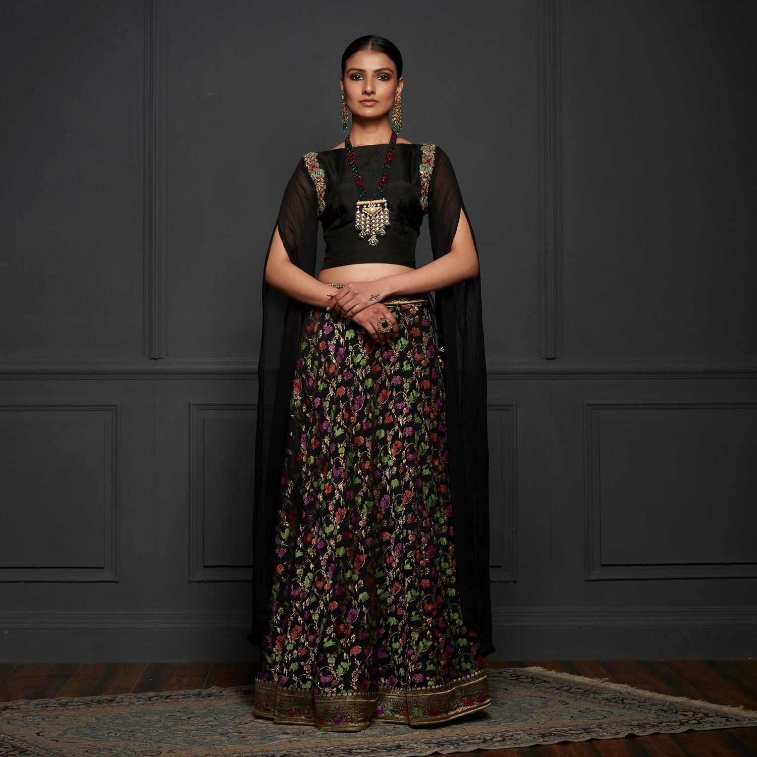 Black Georgette Shikargah Banarasi Shikargah Stitched Lehenga Set - Khinkhwab