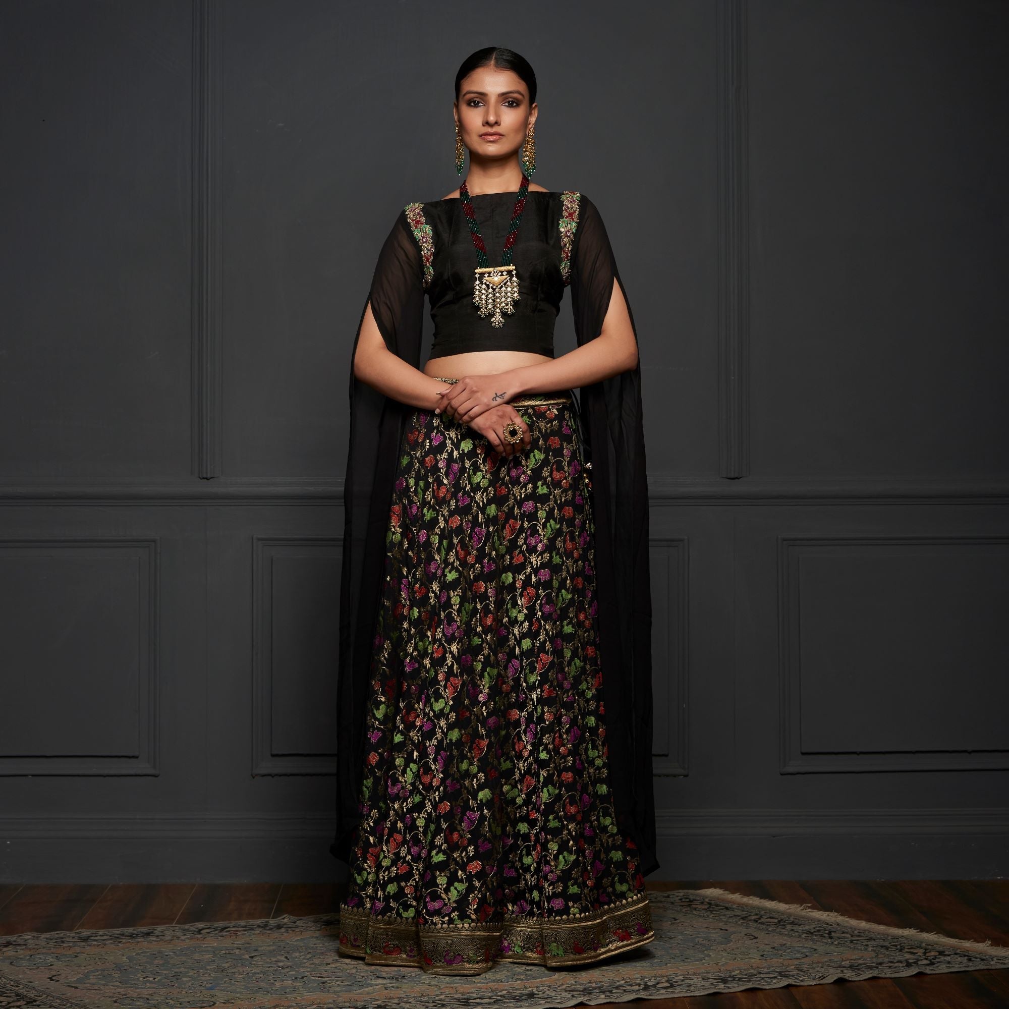 Black Georgette Shikargah Banarasi Shikargah Stitched Lehenga Set - Khinkhwab