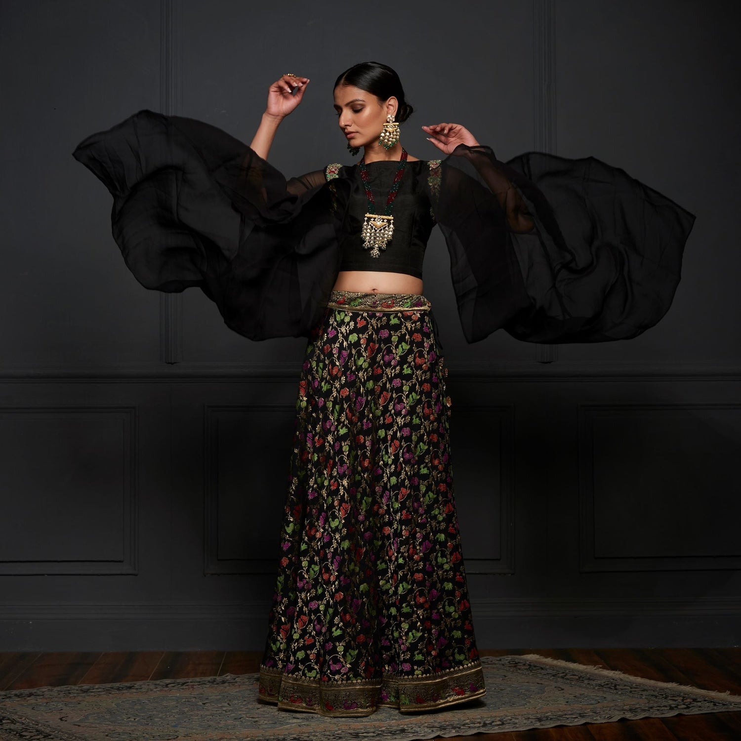 Black Georgette Shikargah Banarasi Shikargah Stitched Lehenga Set - Khinkhwab