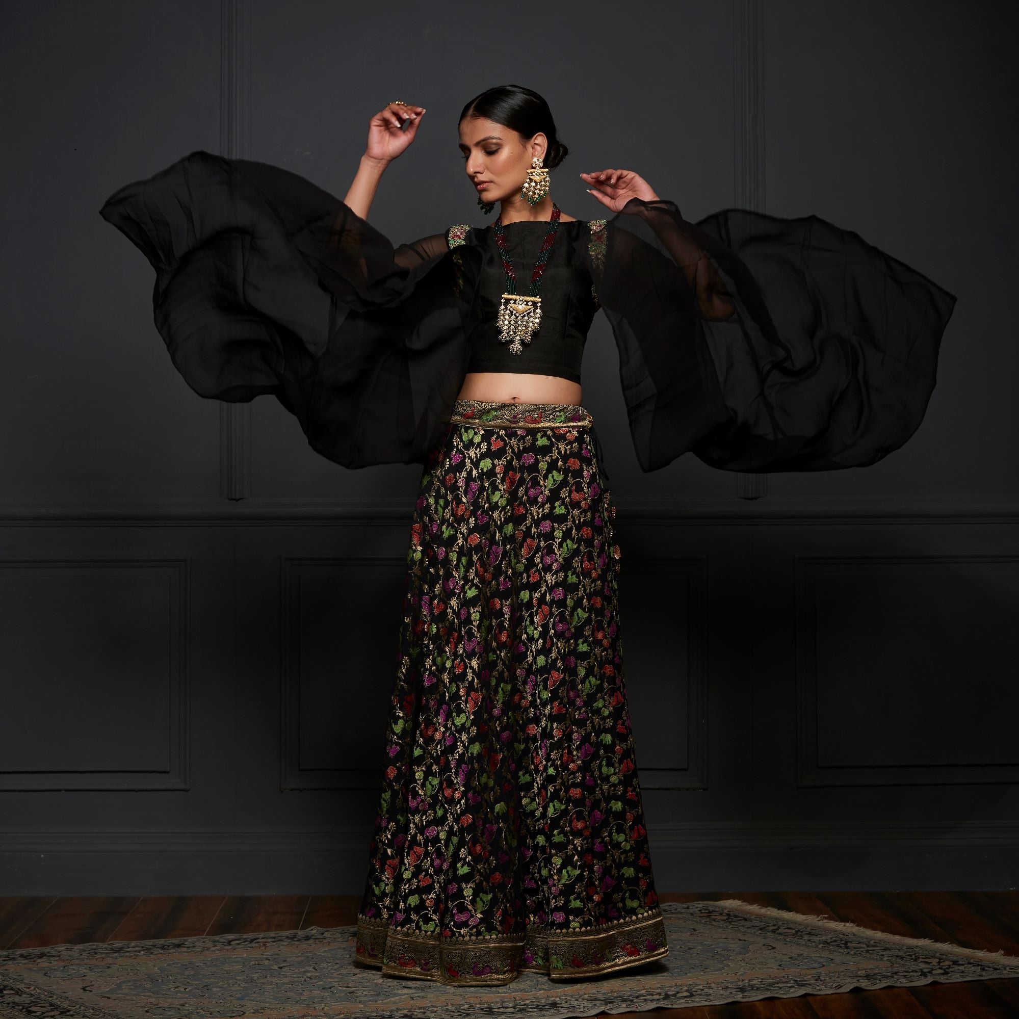 Black Georgette Shikargah Banarasi Shikargah Stitched Lehenga Set - Khinkhwab