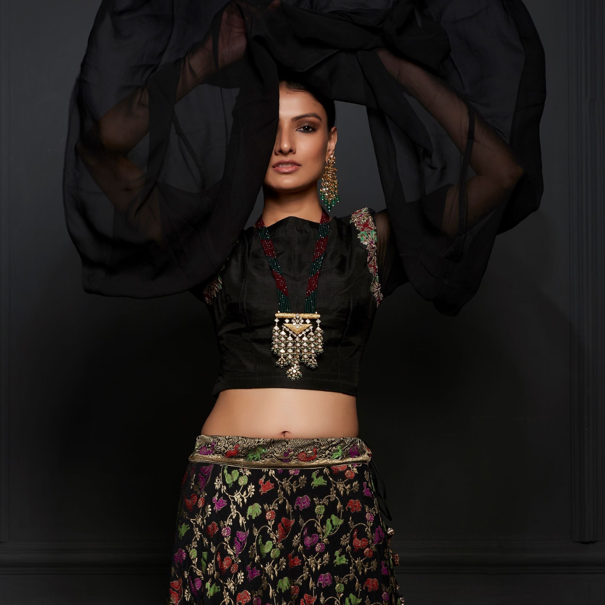 Black Georgette Shikargah Banarasi Shikargah Stitched Lehenga Set - Khinkhwab