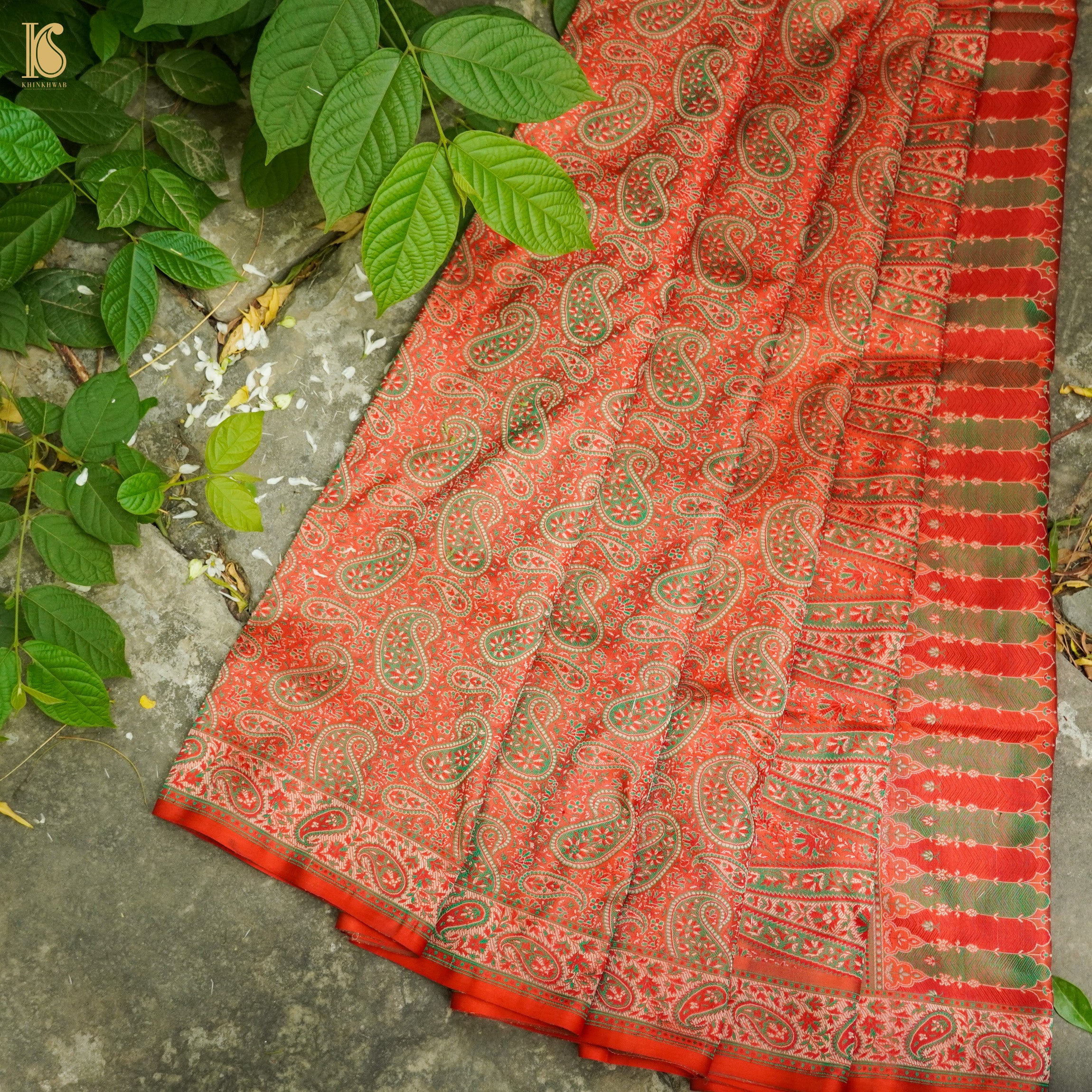 Cinnabar Orange Pure Katan Silk Handloom Banarasi Jamawar Tanchoi Saree - Khinkhwab
