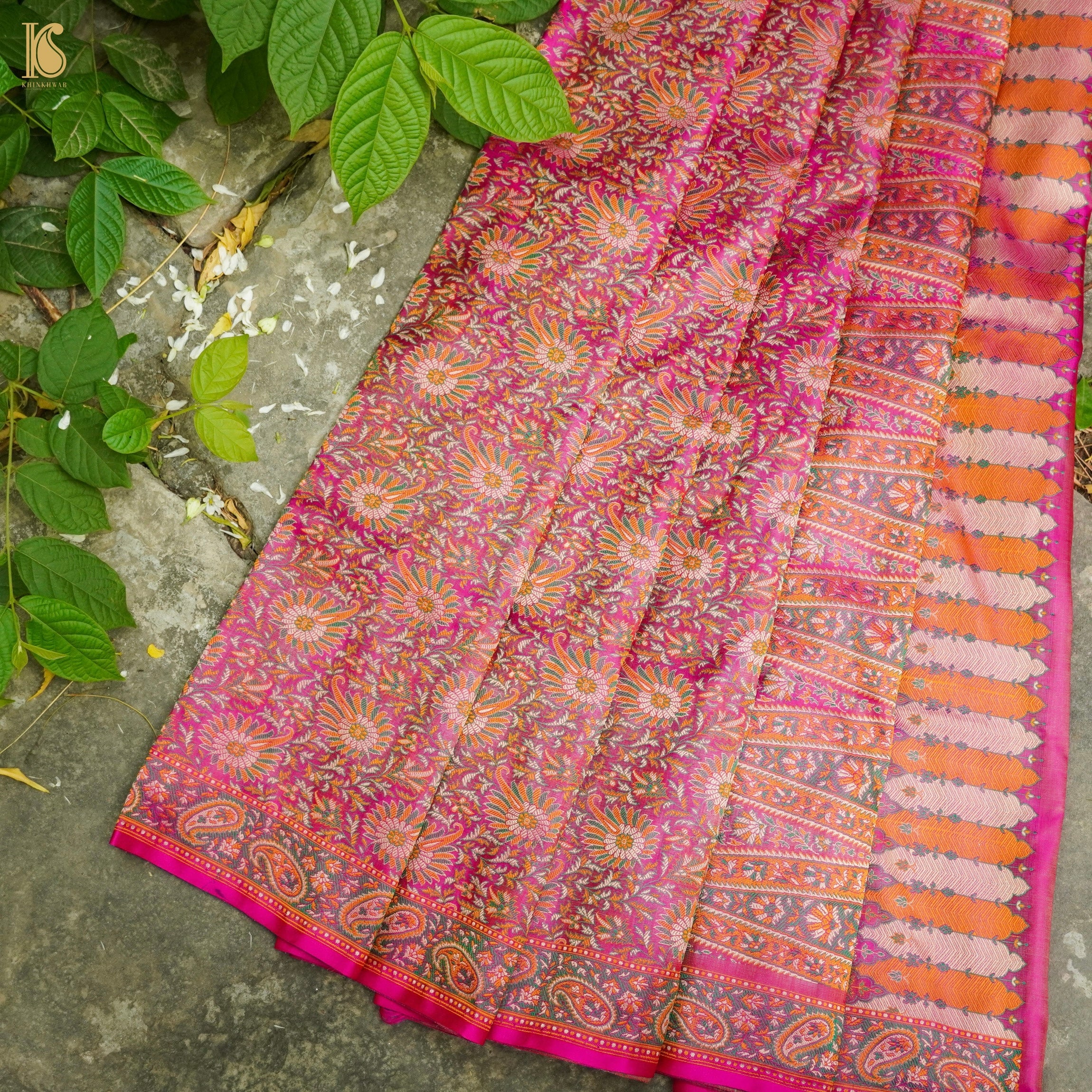 Cerise Pink Pure Katan Silk Handloom Banarasi Jamawar Tanchoi Saree - Khinkhwab