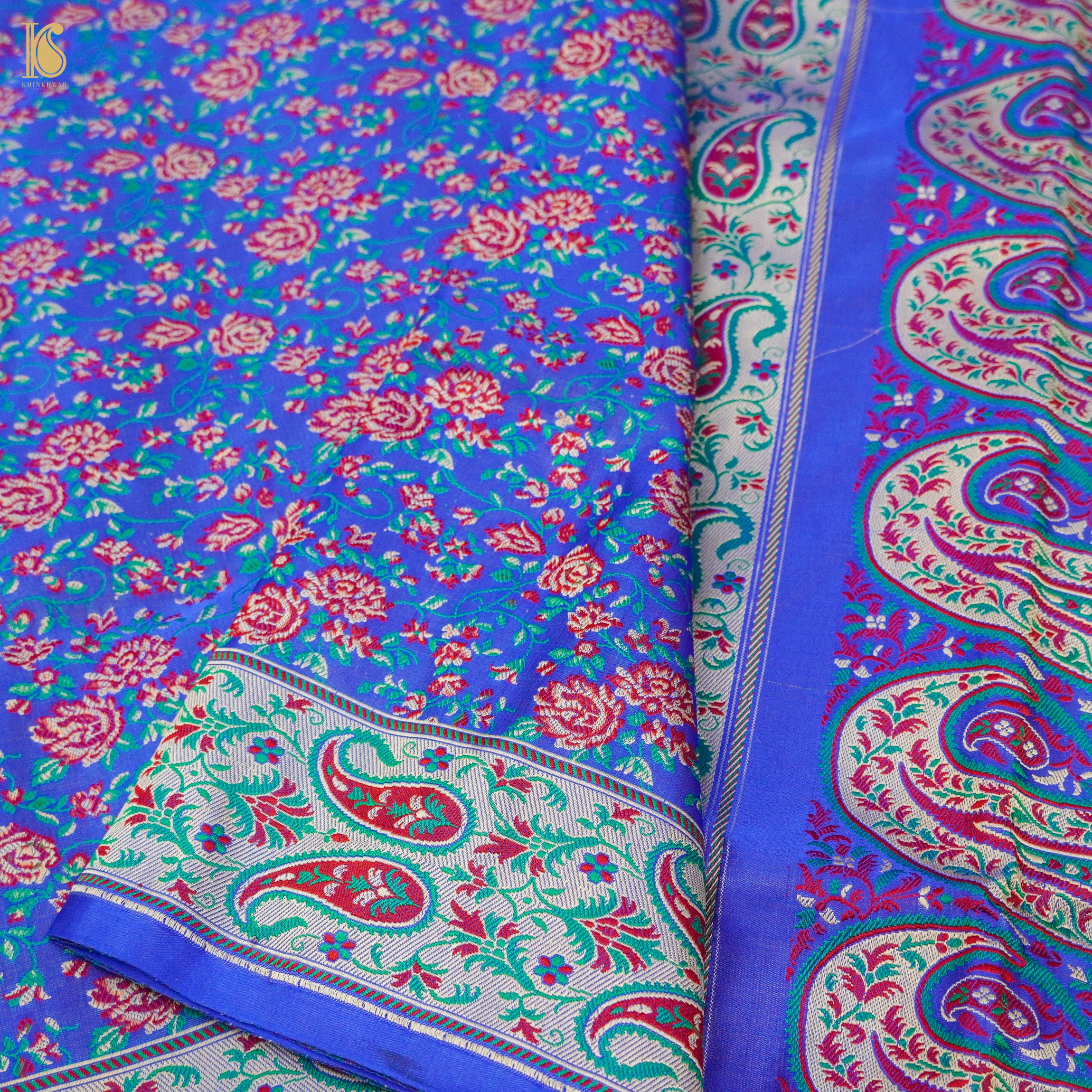 Blue Pure Katan Silk Handloom Banarasi Jamawar Tanchoi Saree - Khinkhwab