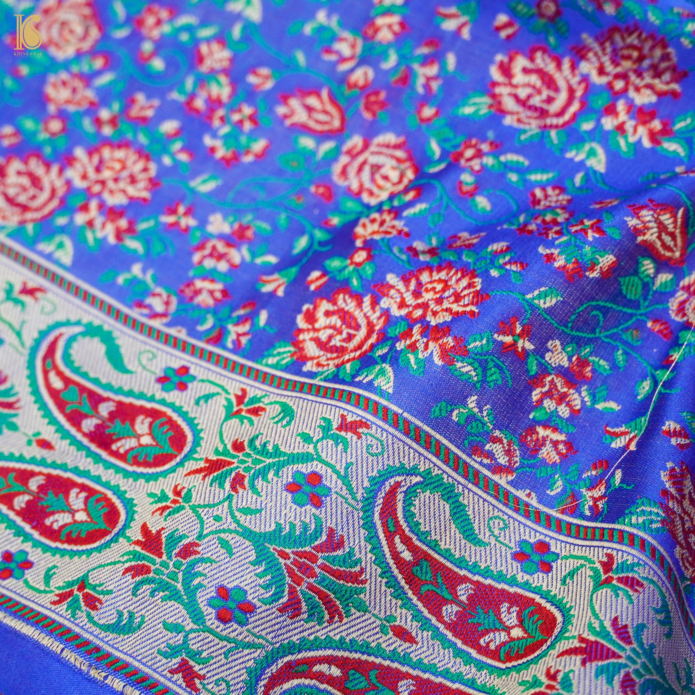 Blue Pure Katan Silk Handloom Banarasi Jamawar Tanchoi Saree - Khinkhwab