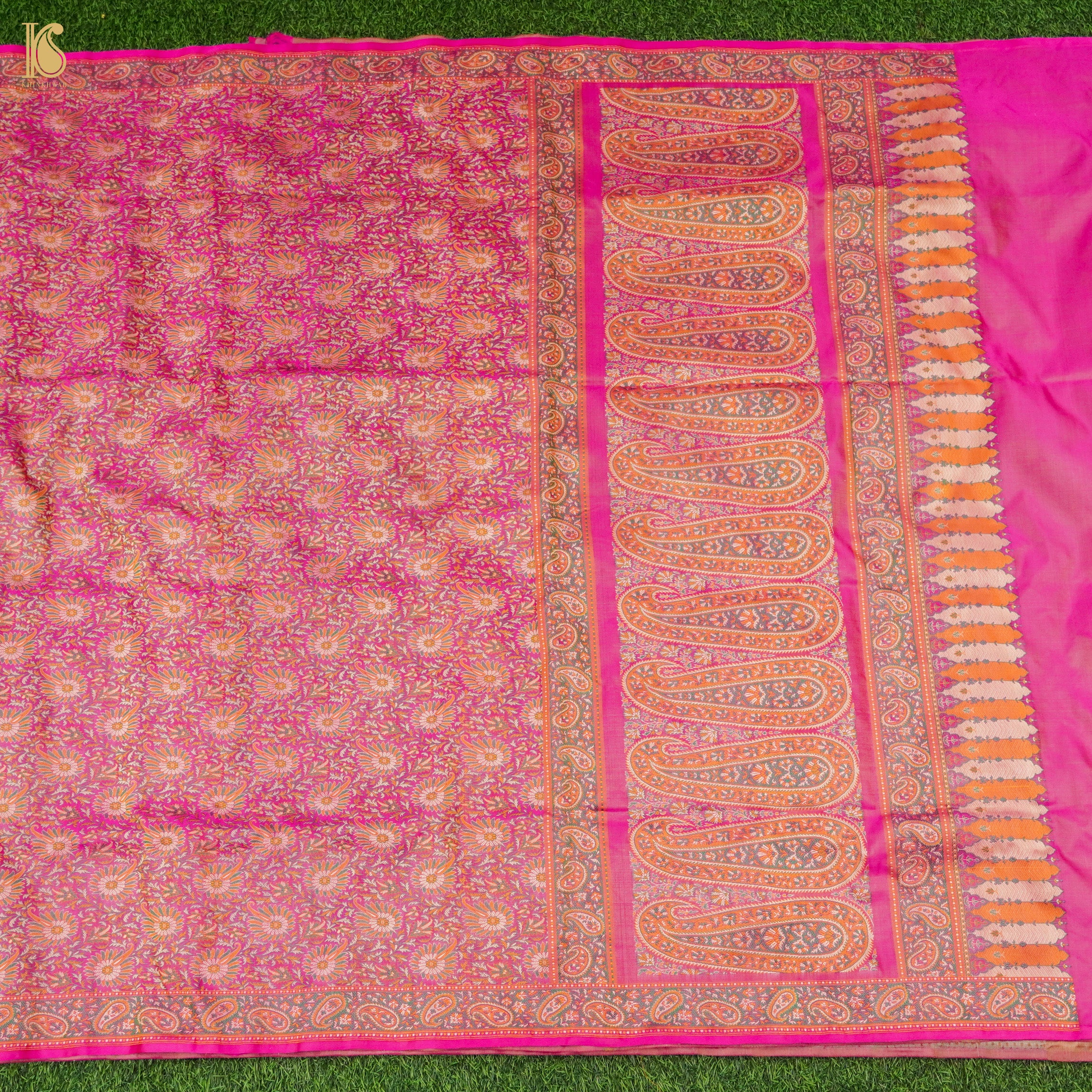 Cerise Pink Pure Katan Silk Handloom Banarasi Jamawar Tanchoi Saree - Khinkhwab