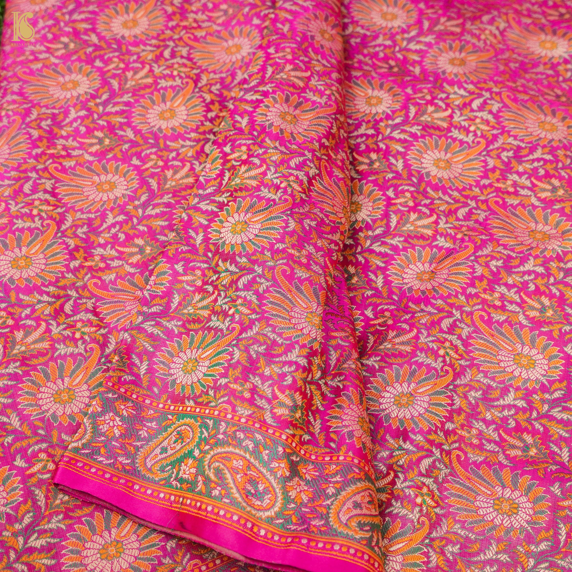 Cerise Pink Pure Katan Silk Handloom Banarasi Jamawar Tanchoi Saree - Khinkhwab