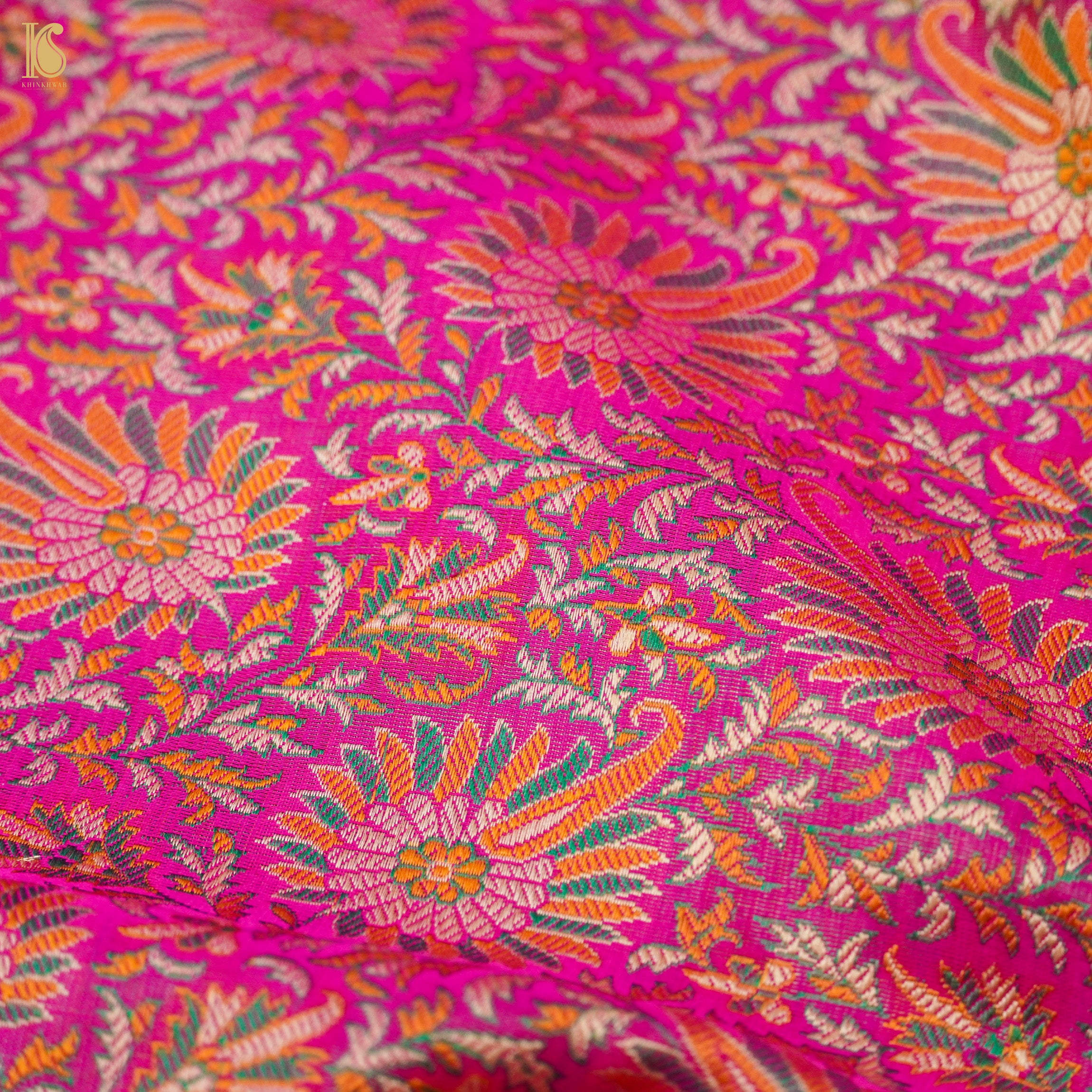 Cerise Pink Pure Katan Silk Handloom Banarasi Jamawar Tanchoi Saree - Khinkhwab