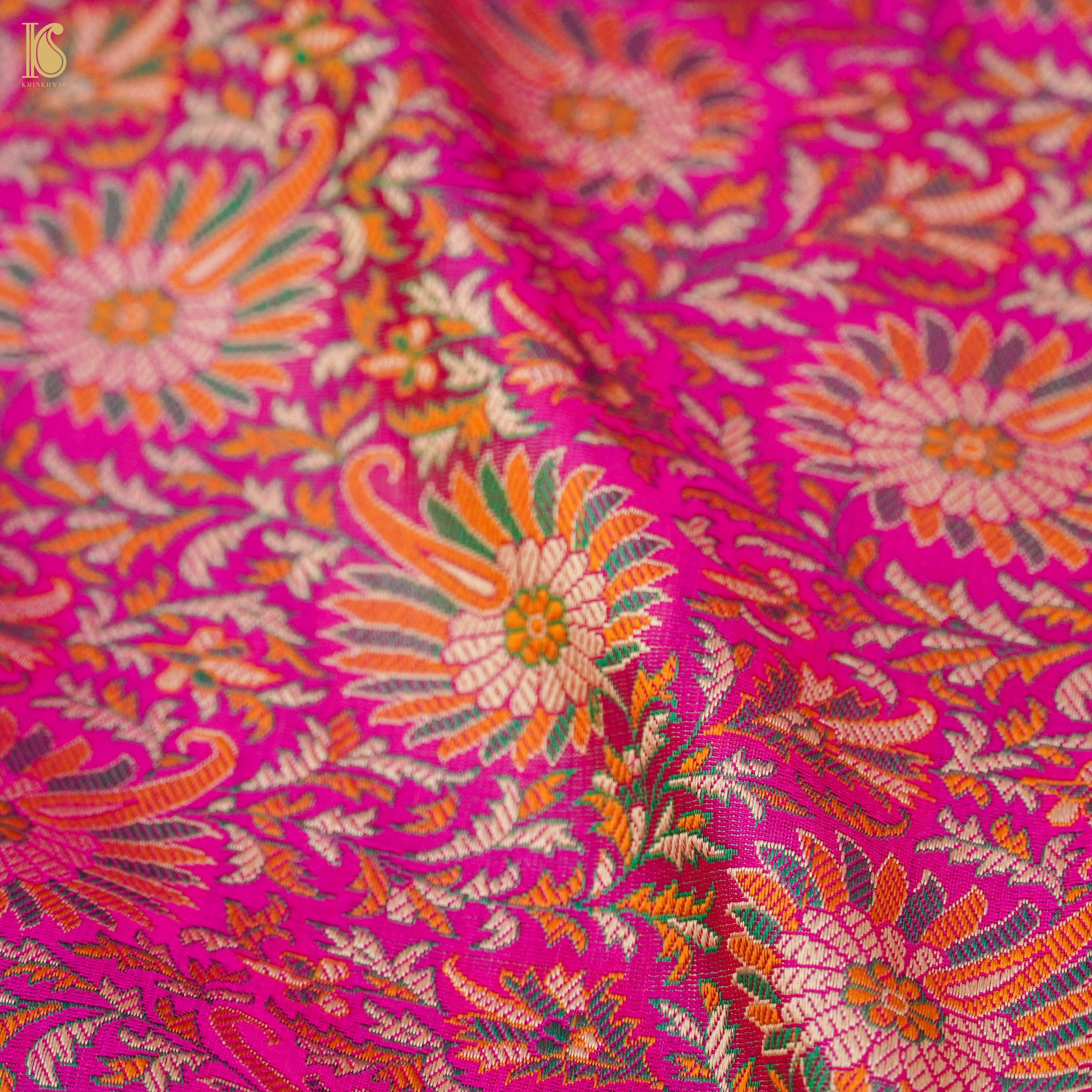 Cerise Pink Pure Katan Silk Handloom Banarasi Jamawar Tanchoi Saree - Khinkhwab