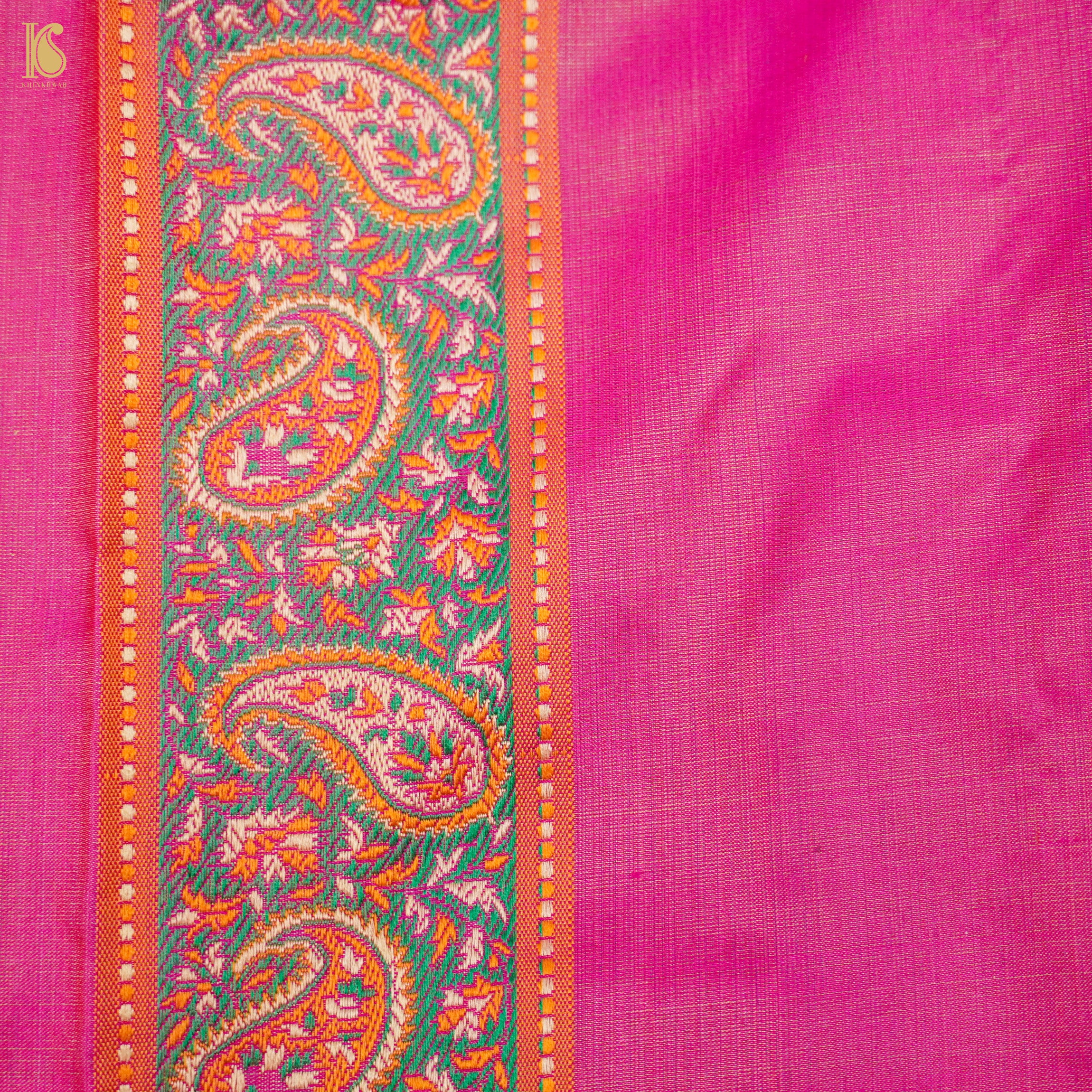 Cerise Pink Pure Katan Silk Handloom Banarasi Jamawar Tanchoi Saree - Khinkhwab