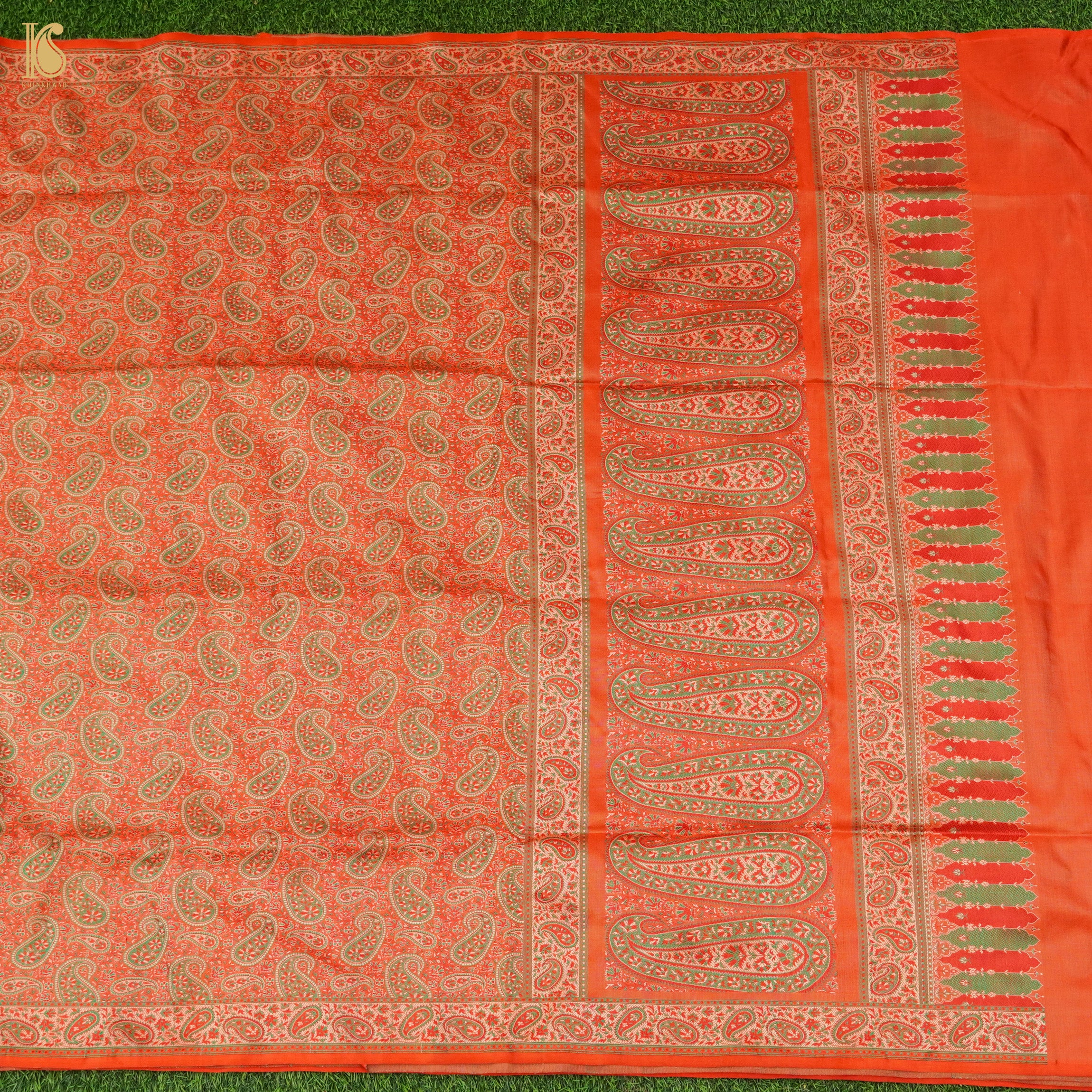 Cinnabar Orange Pure Katan Silk Handloom Banarasi Jamawar Tanchoi Saree - Khinkhwab