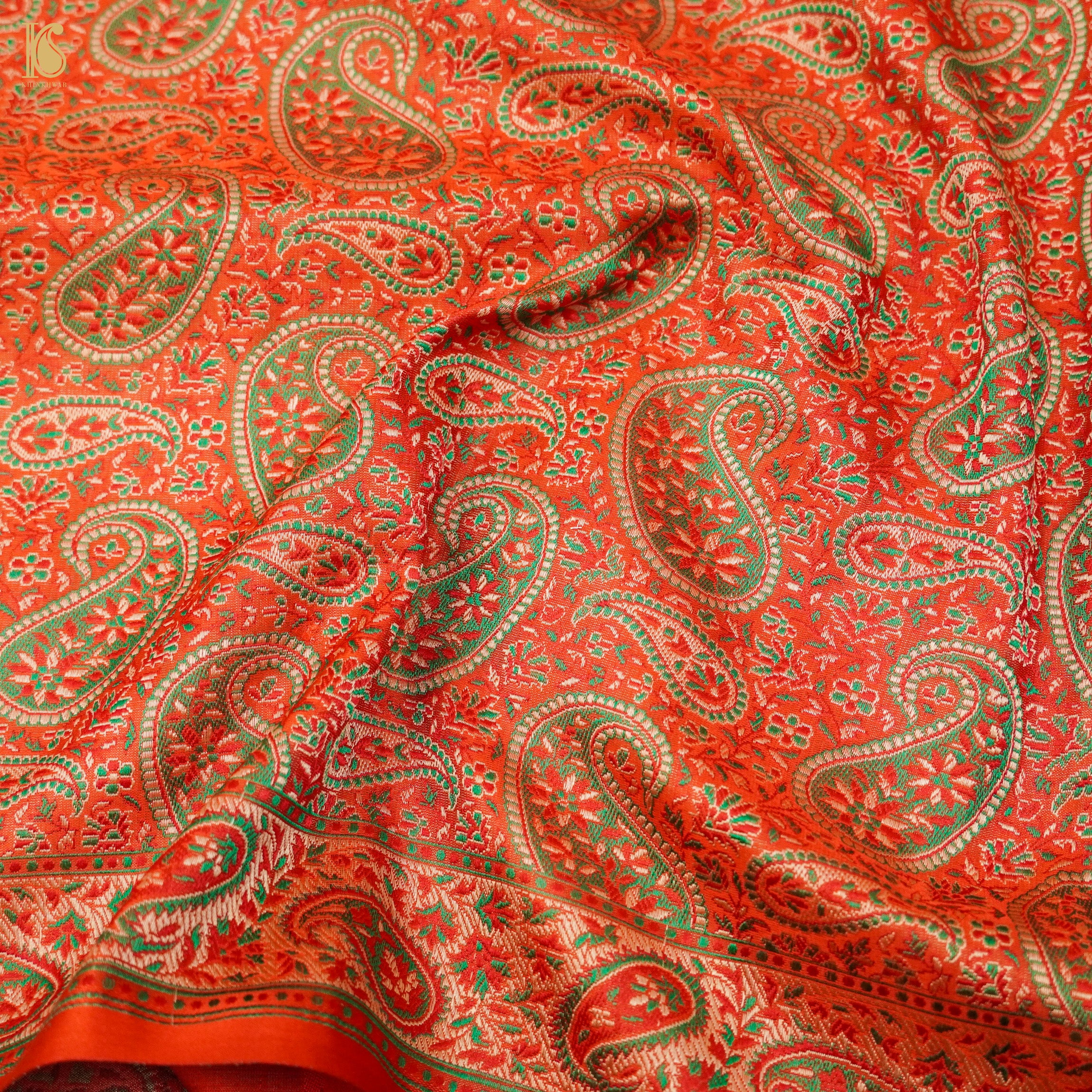 Cinnabar Orange Pure Katan Silk Handloom Banarasi Jamawar Tanchoi Saree - Khinkhwab
