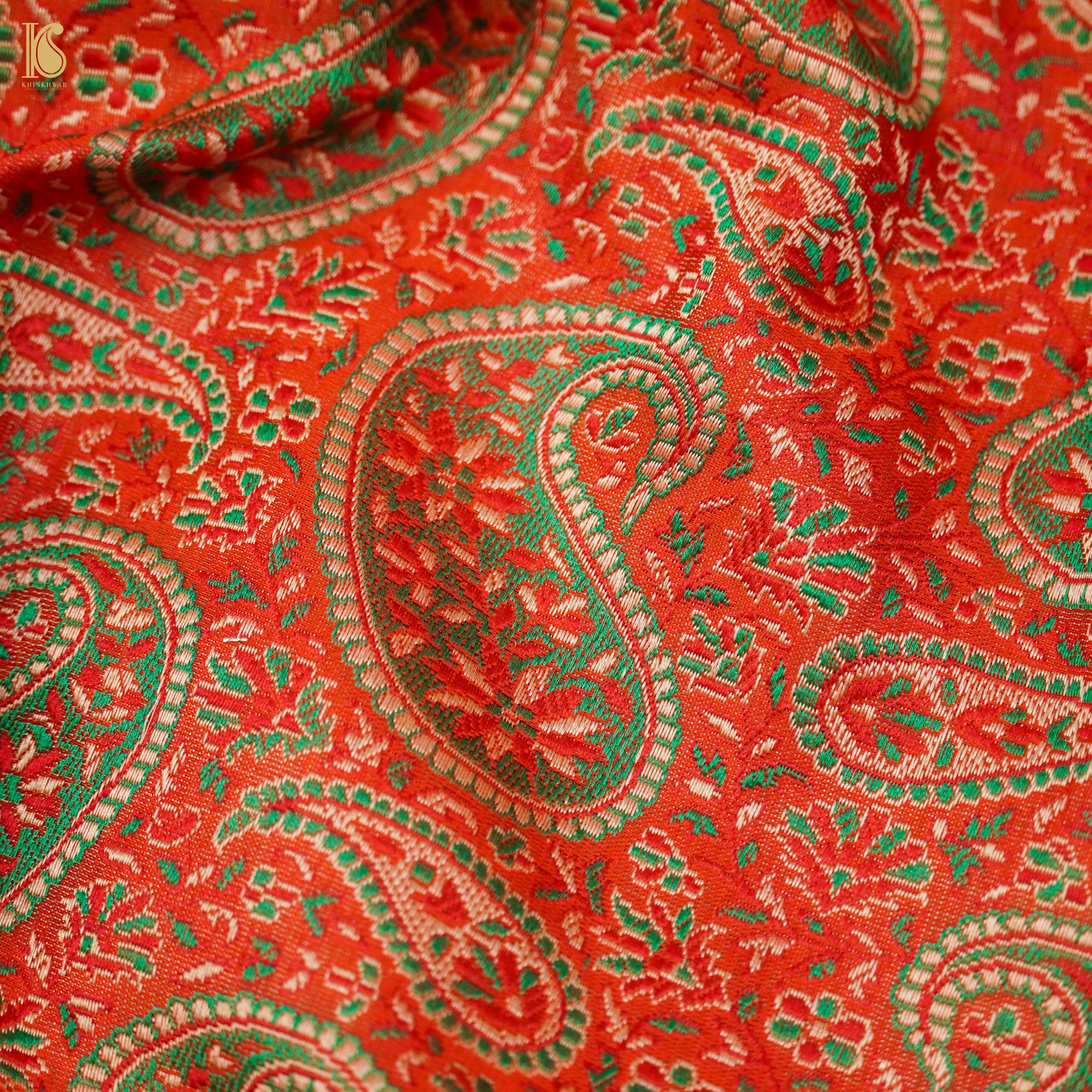 Cinnabar Orange Pure Katan Silk Handloom Banarasi Jamawar Tanchoi Saree - Khinkhwab