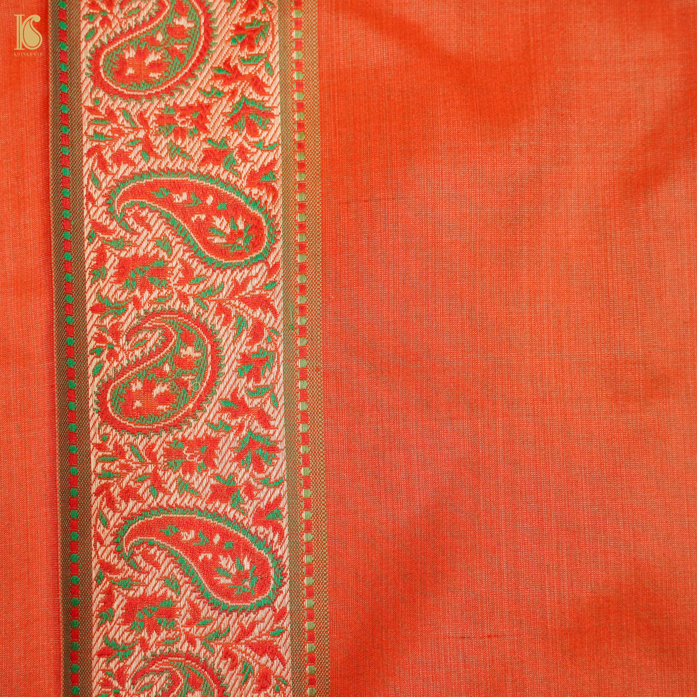 Cinnabar Orange Pure Katan Silk Handloom Banarasi Jamawar Tanchoi Saree - Khinkhwab