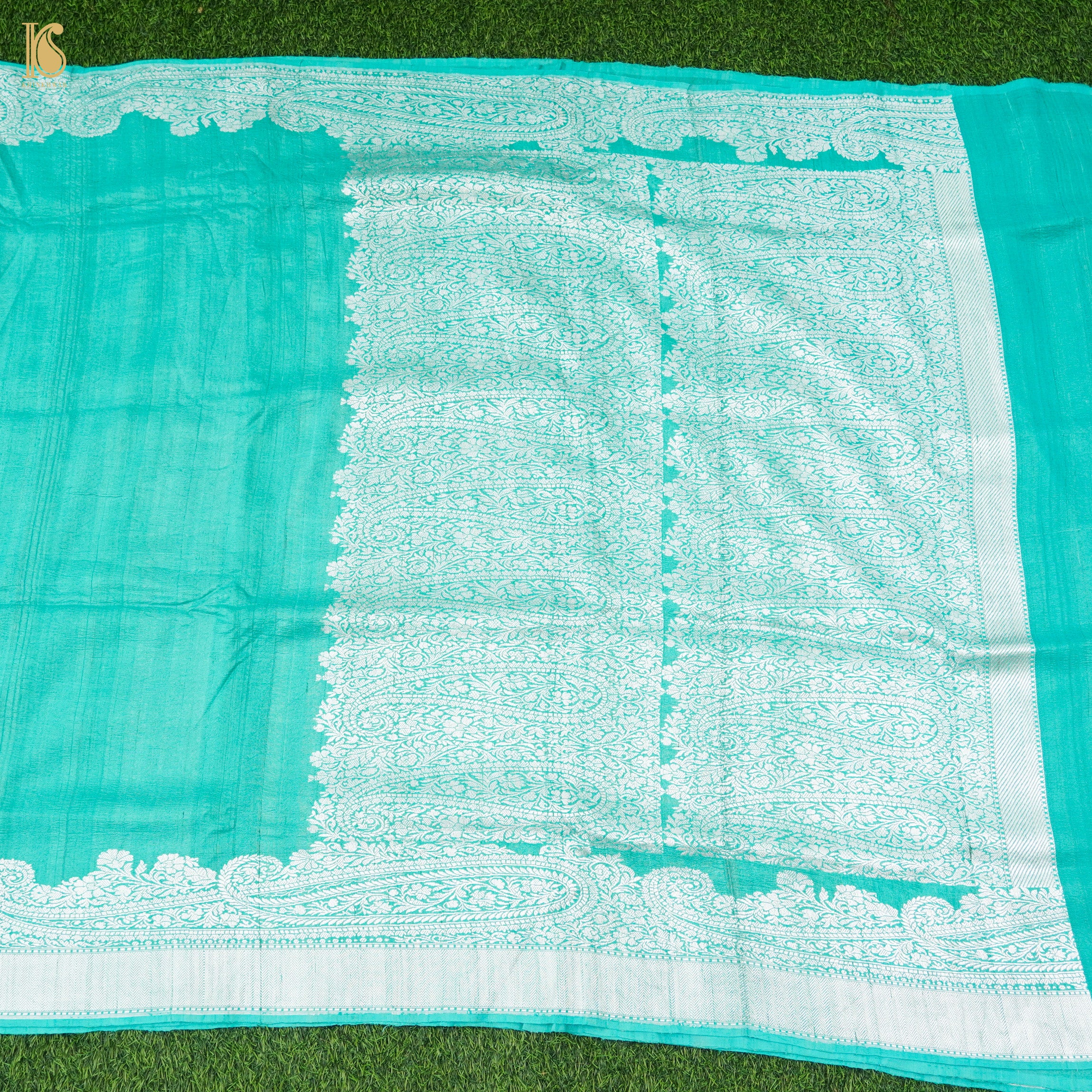 Turquoise Pure Tussar by Georgette Silk Handloom Banarasi Saree - Khinkhwab