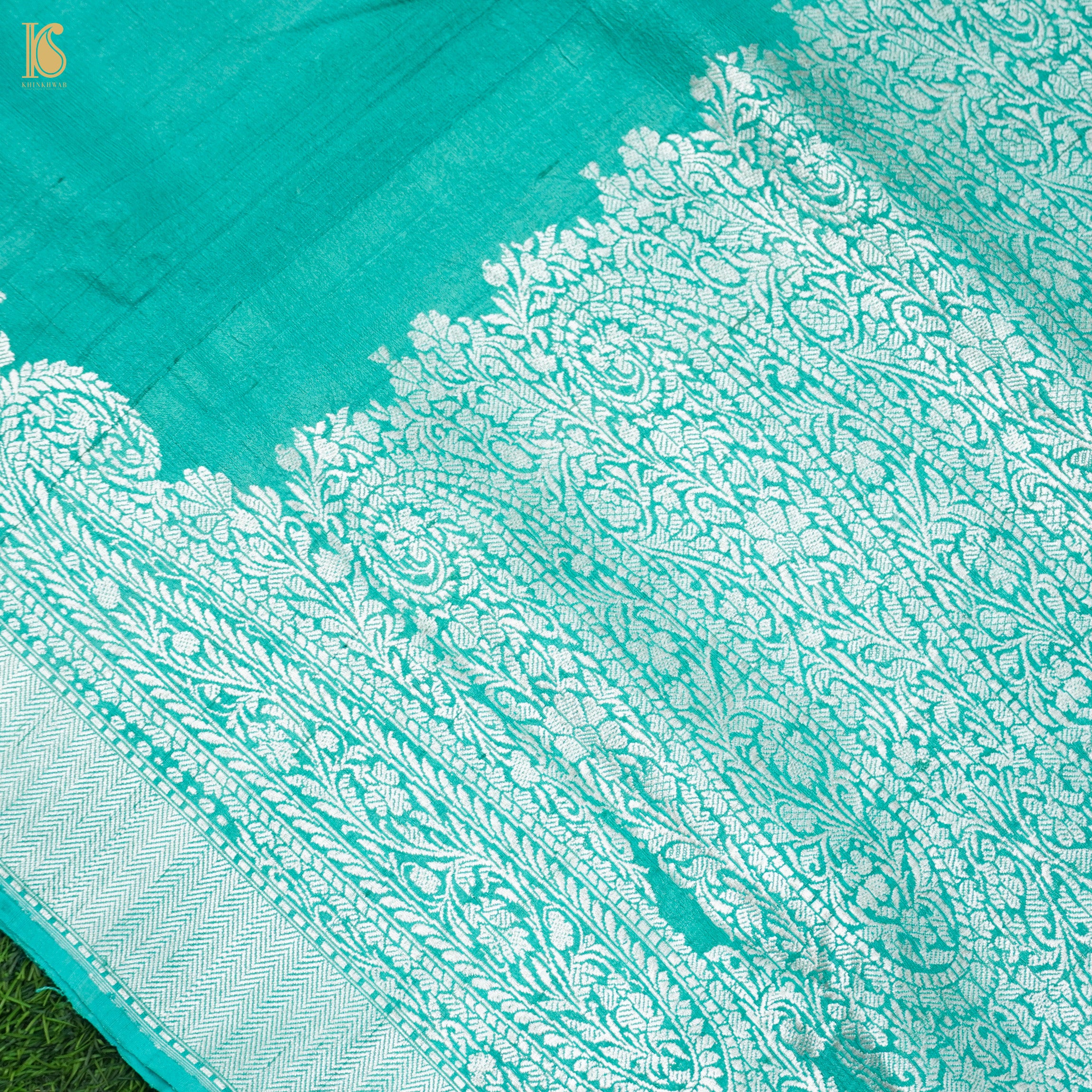 Turquoise Pure Tussar by Georgette Silk Handloom Banarasi Saree - Khinkhwab