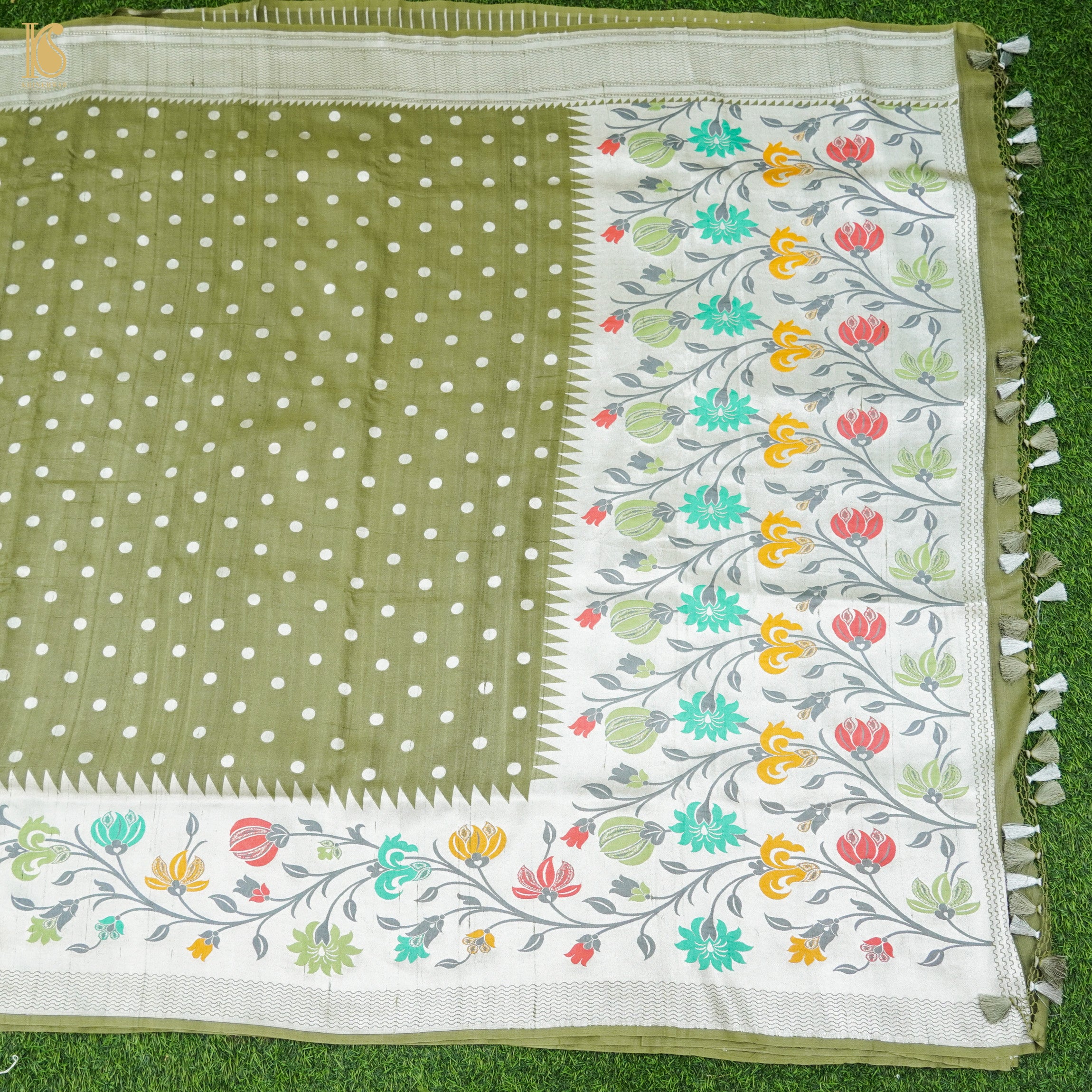 Avocado Green Pure Tussar by Georgette Silk Handloom Banarasi Saree - Khinkhwab