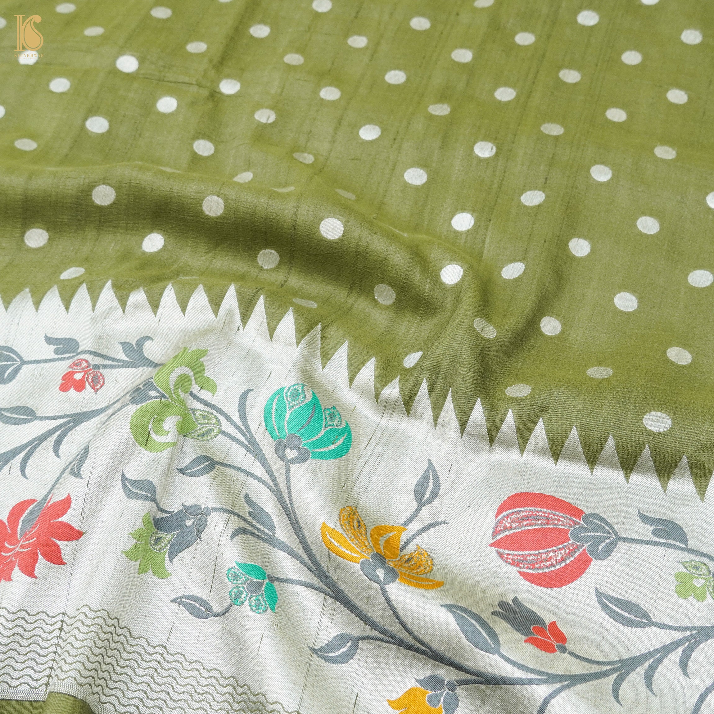 Avocado Green Pure Tussar by Georgette Silk Handloom Banarasi Saree - Khinkhwab