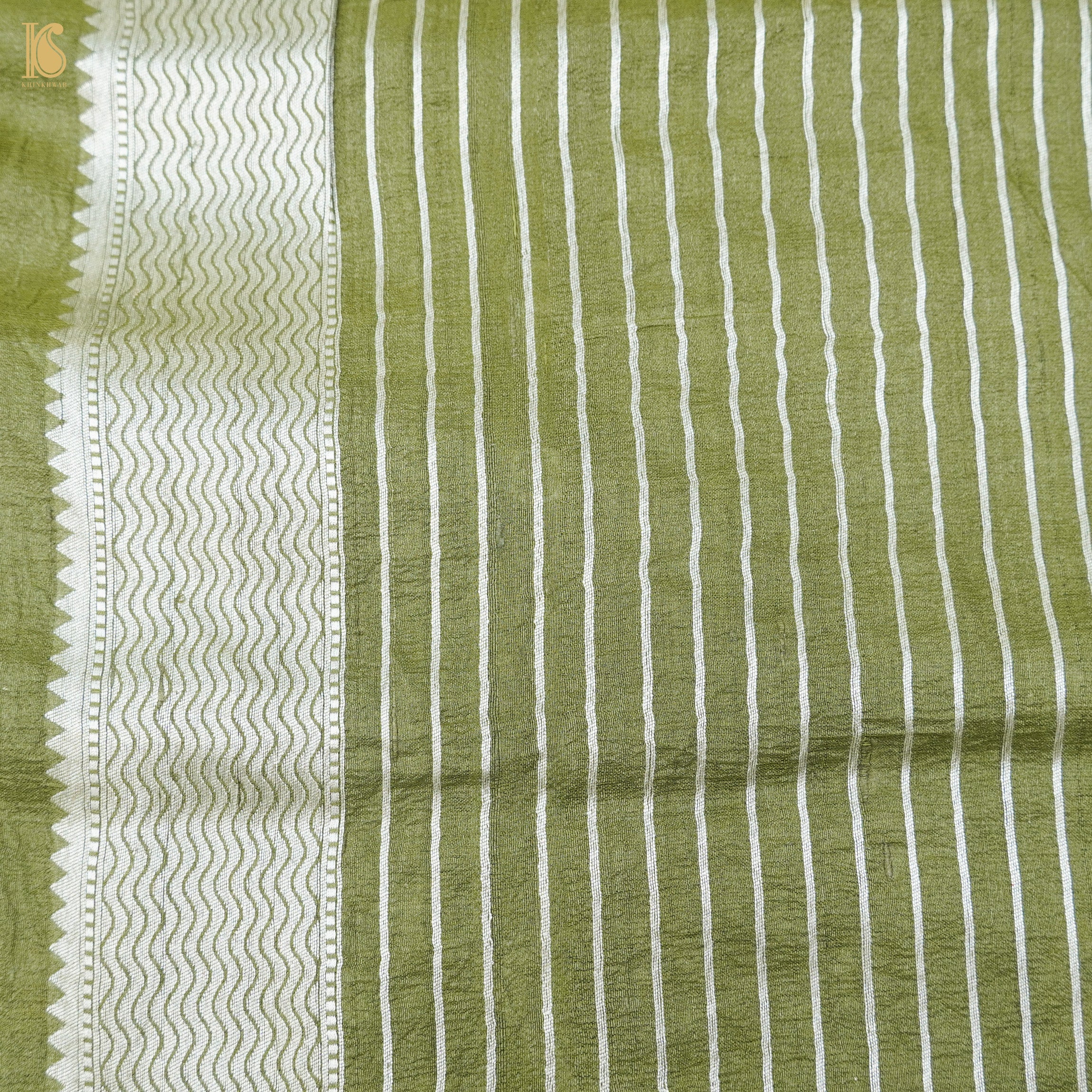 Avocado Green Pure Tussar by Georgette Silk Handloom Banarasi Saree - Khinkhwab