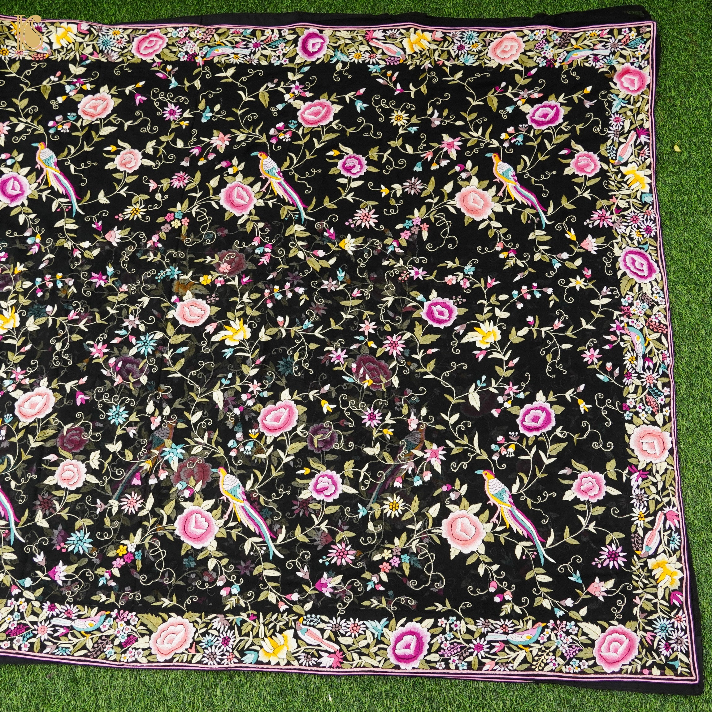 Black Handcrafted Parsi Gara Pure Georgette Jaal Saree - Khinkhwab