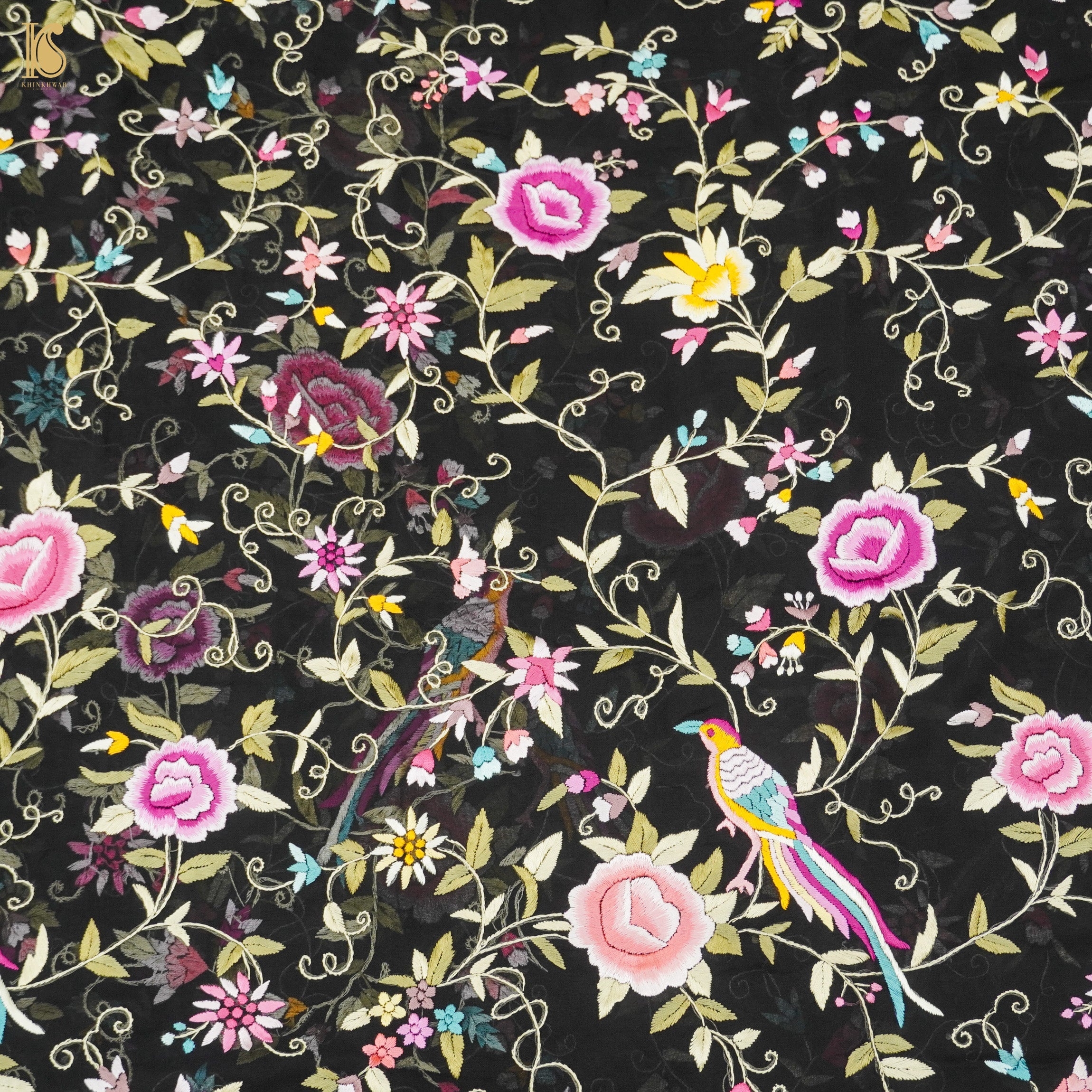 Black Handcrafted Parsi Gara Pure Georgette Jaal Saree - Khinkhwab