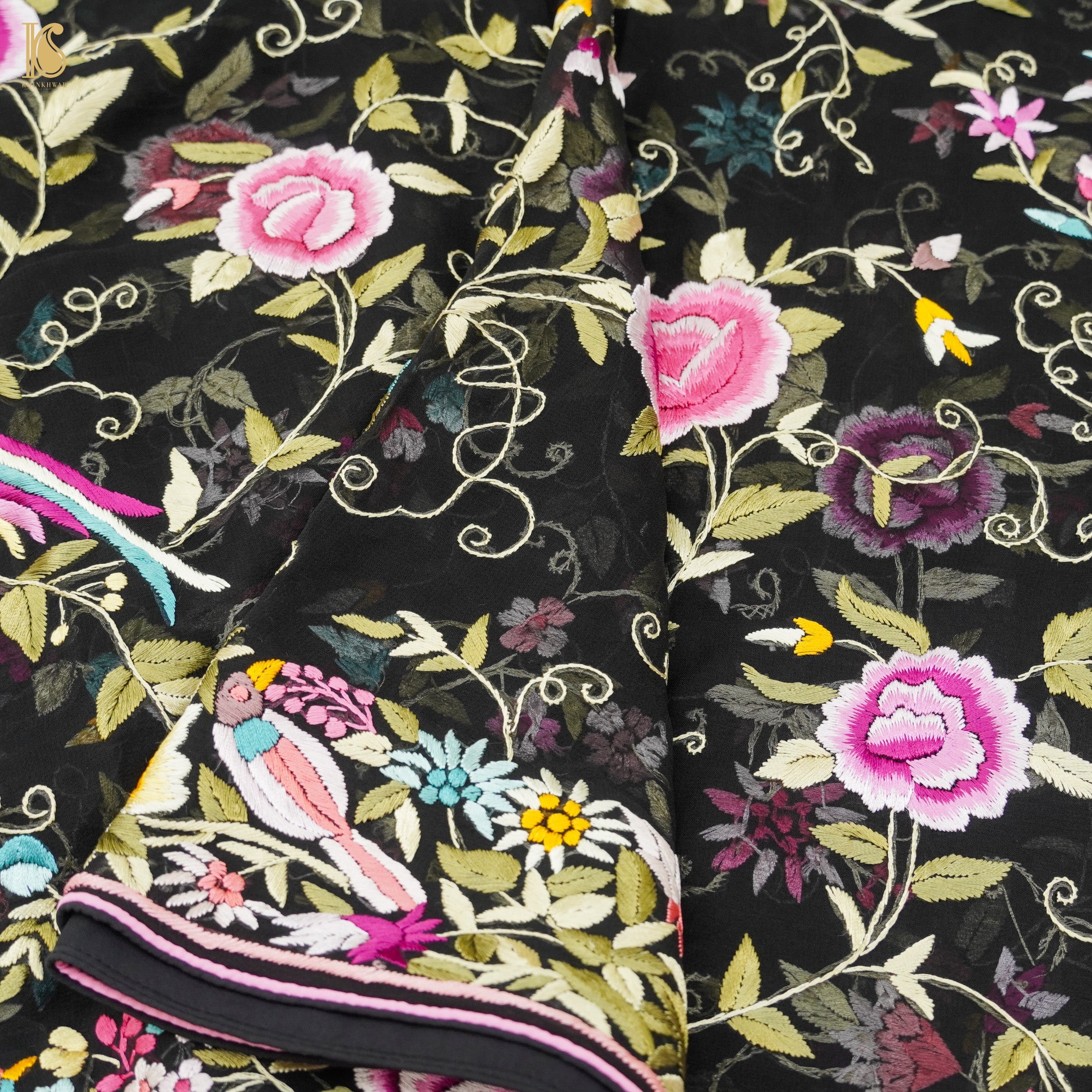 Black Handcrafted Parsi Gara Pure Georgette Jaal Saree - Khinkhwab