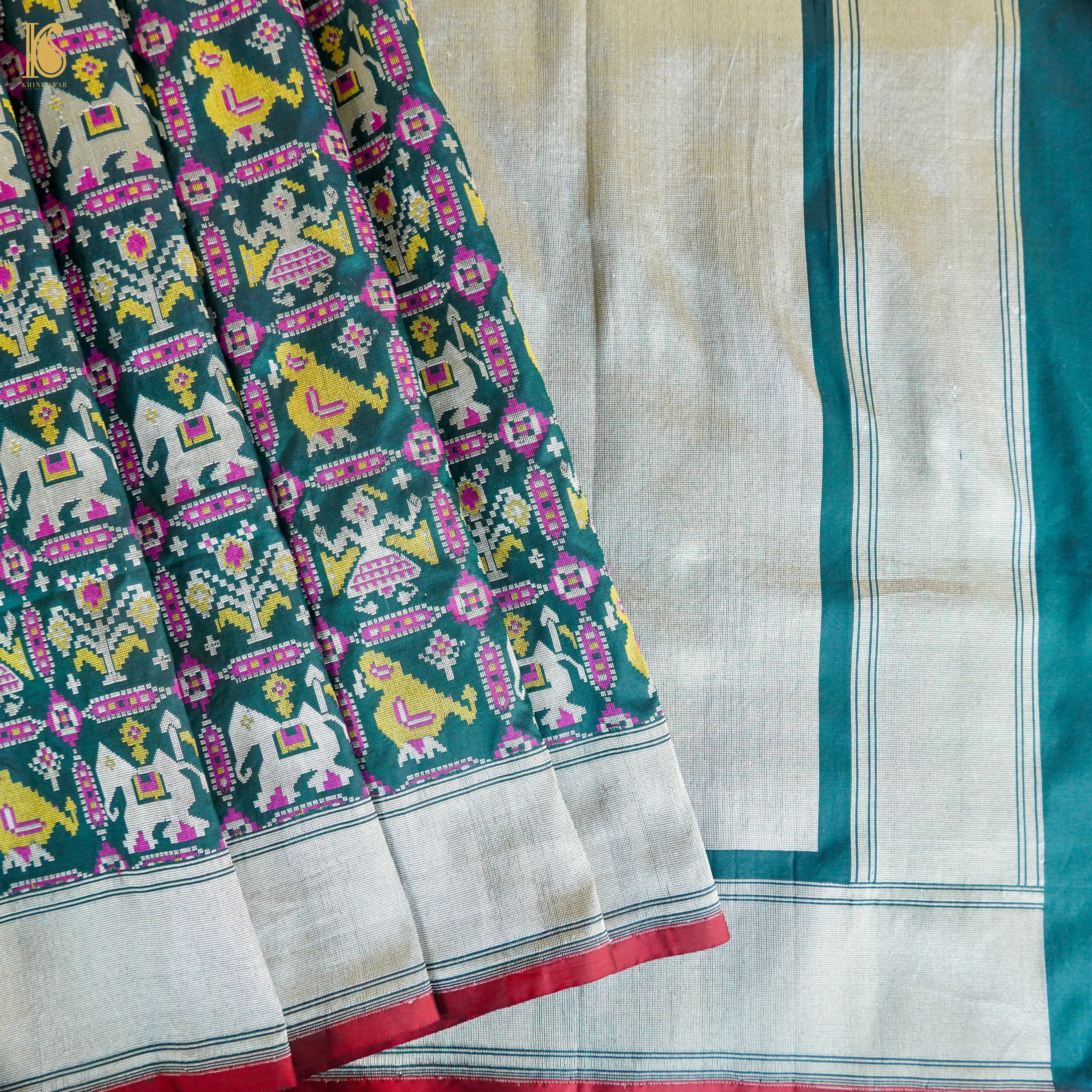 Teal Blue Handwoven Pure Katan Silk Banarasi Patola Saree - Khinkhwab