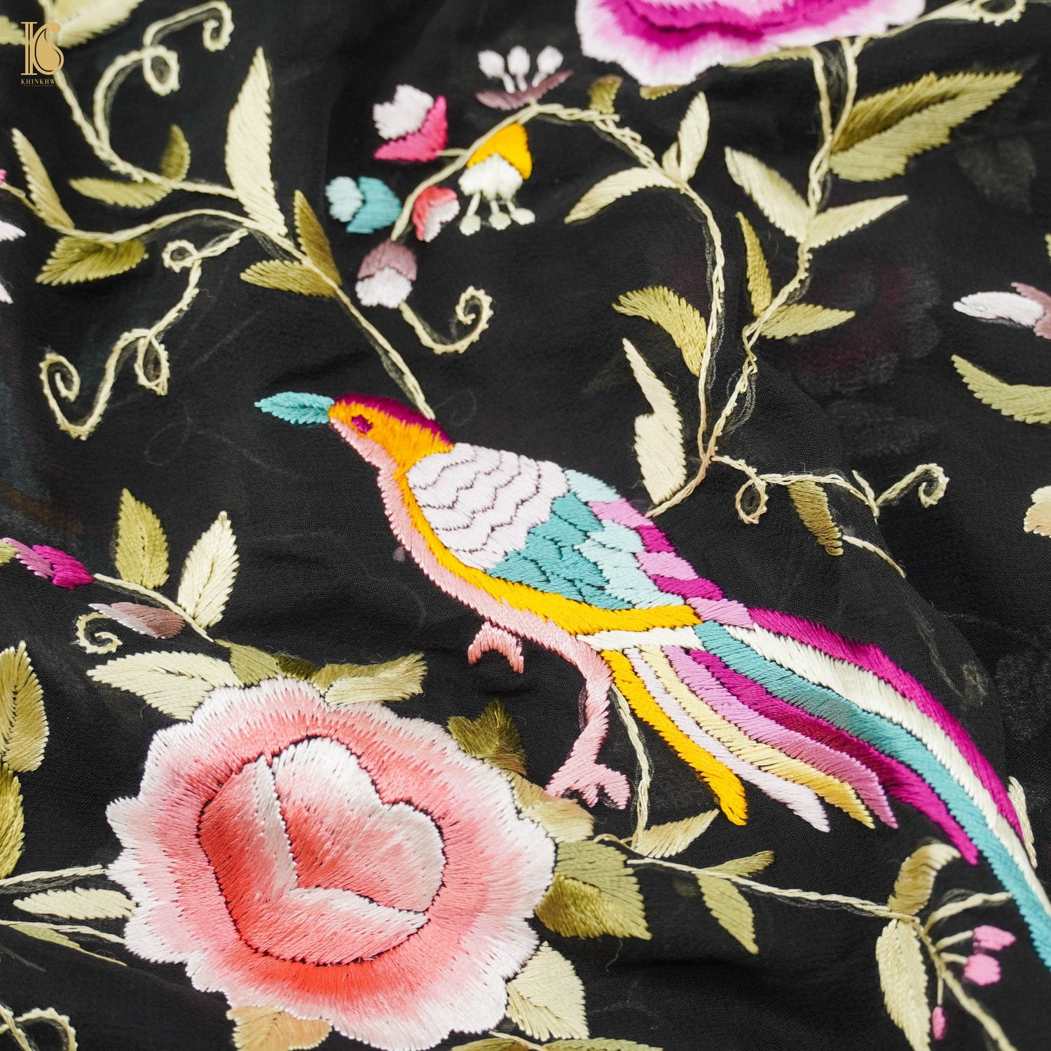Black Handcrafted Parsi Gara Pure Georgette Jaal Saree - Khinkhwab