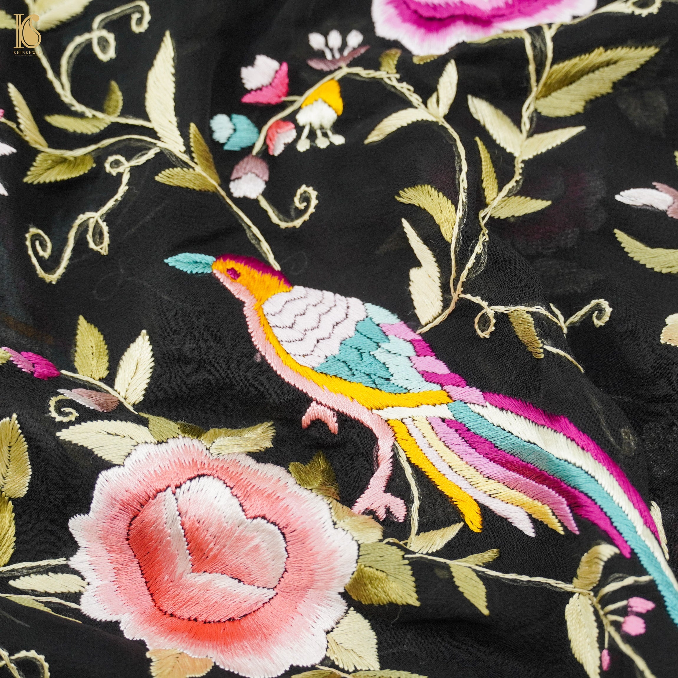 Black Handcrafted Parsi Gara Pure Georgette Jaal Saree - Khinkhwab