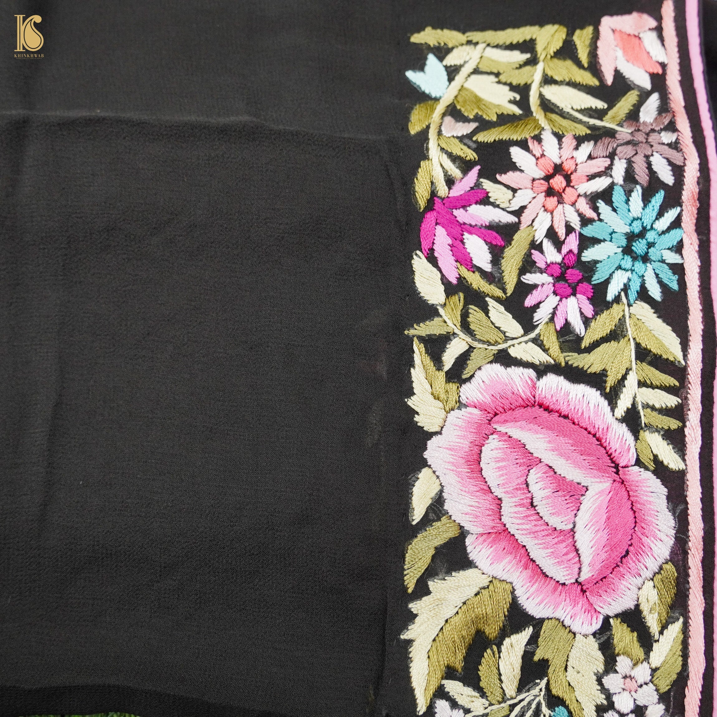 Black Handcrafted Parsi Gara Pure Georgette Jaal Saree - Khinkhwab