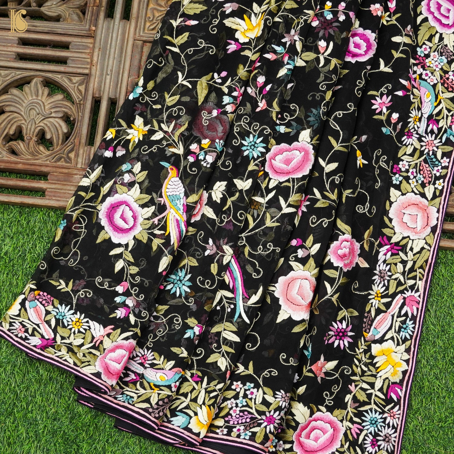 Black Handcrafted Parsi Gara Pure Georgette Jaal Saree - Khinkhwab