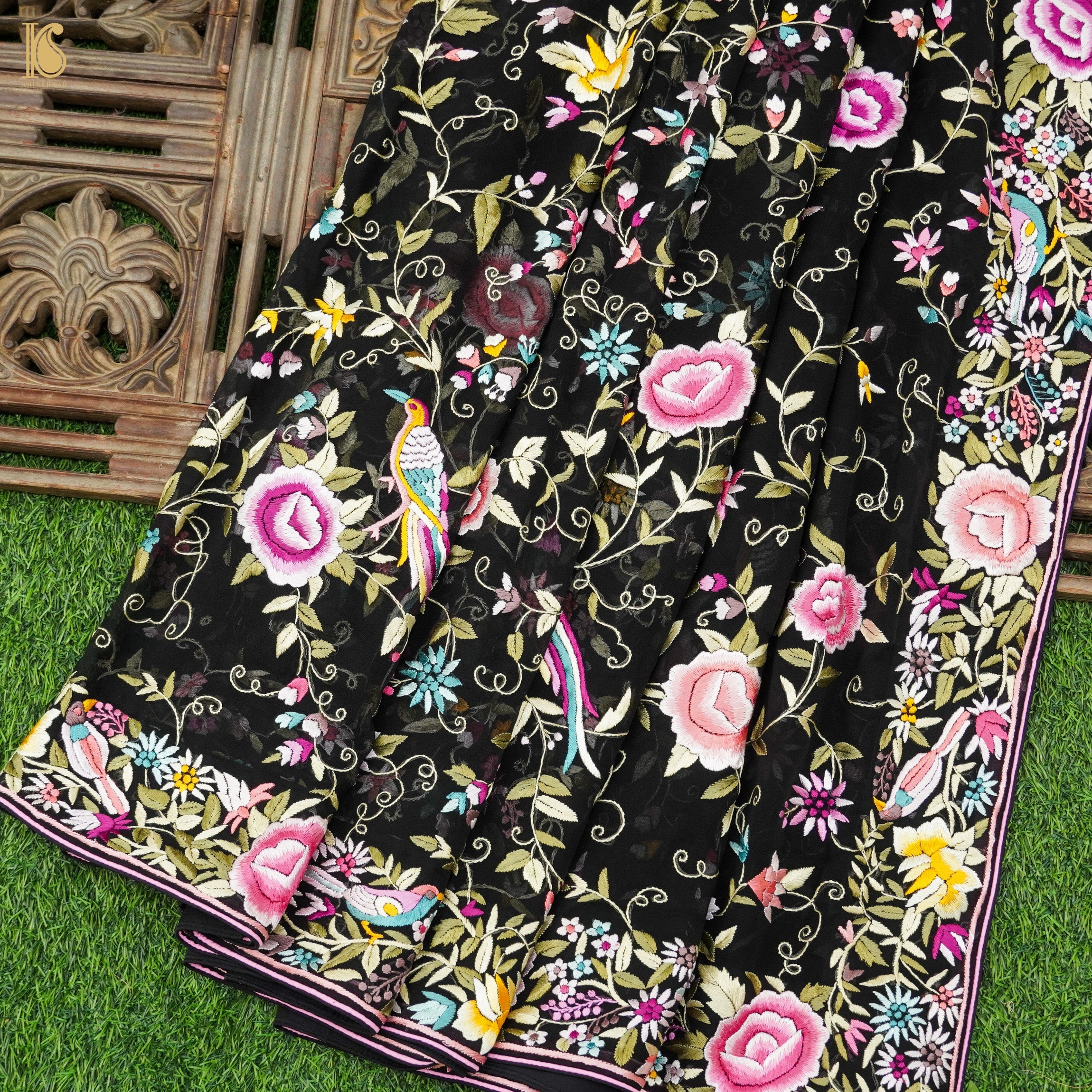 Black Handcrafted Parsi Gara Pure Georgette Jaal Saree - Khinkhwab