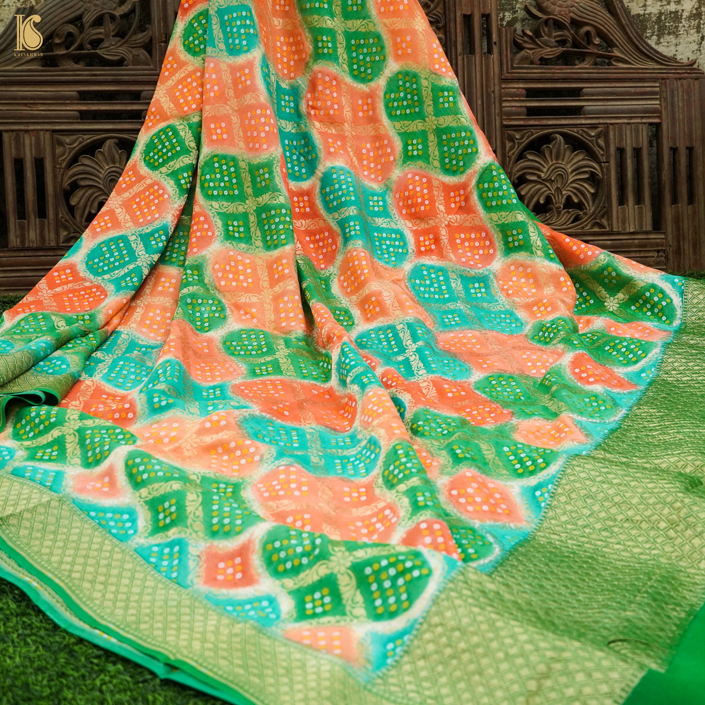 Green & Peach Pure Georgette Banarasi Dupatta with Woven Dots - Khinkhwab