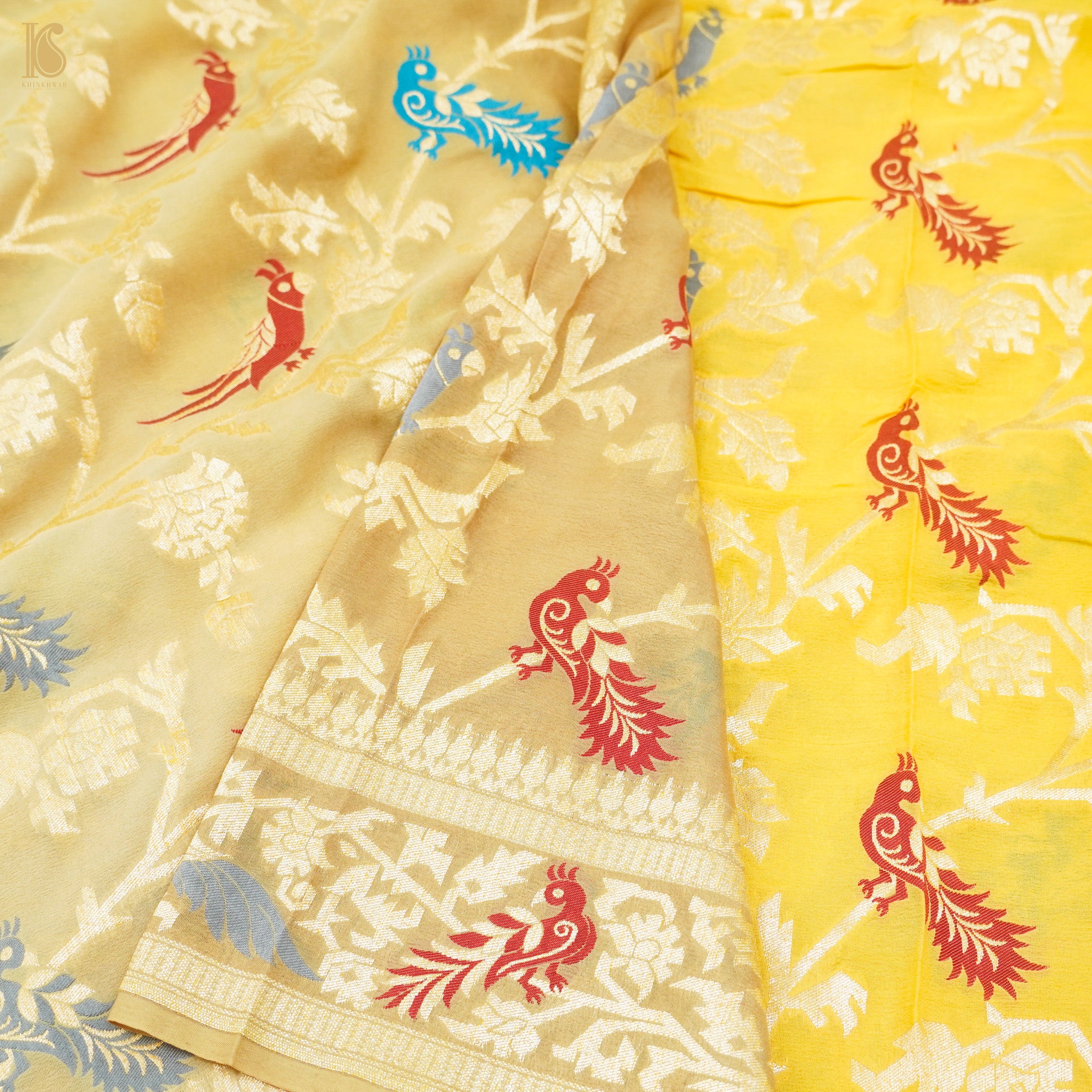 Shaded Yellow Pure Georgette Banarasi Meenakari Birds Dupatta - Khinkhwab