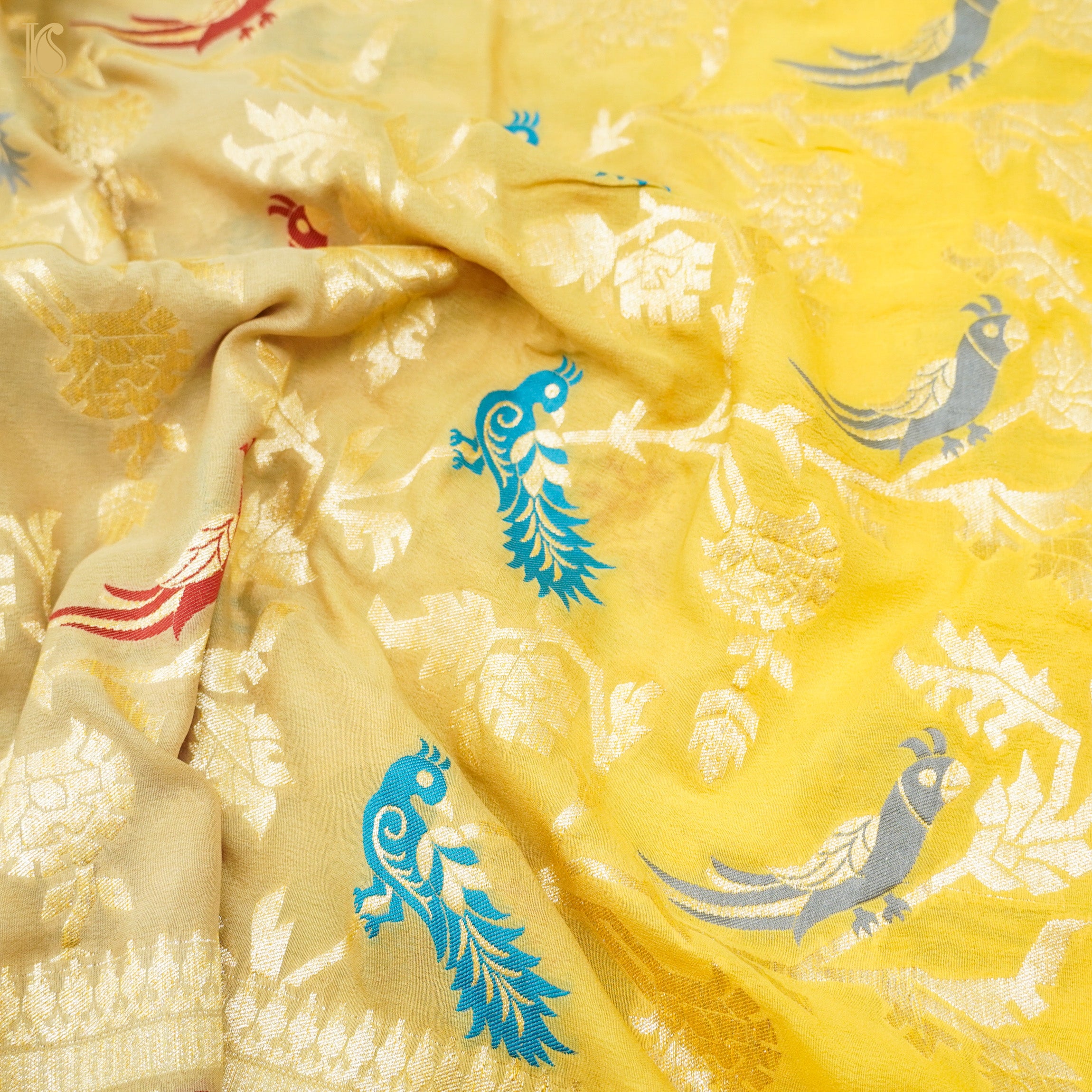 Shaded Yellow Pure Georgette Banarasi Meenakari Birds Dupatta - Khinkhwab