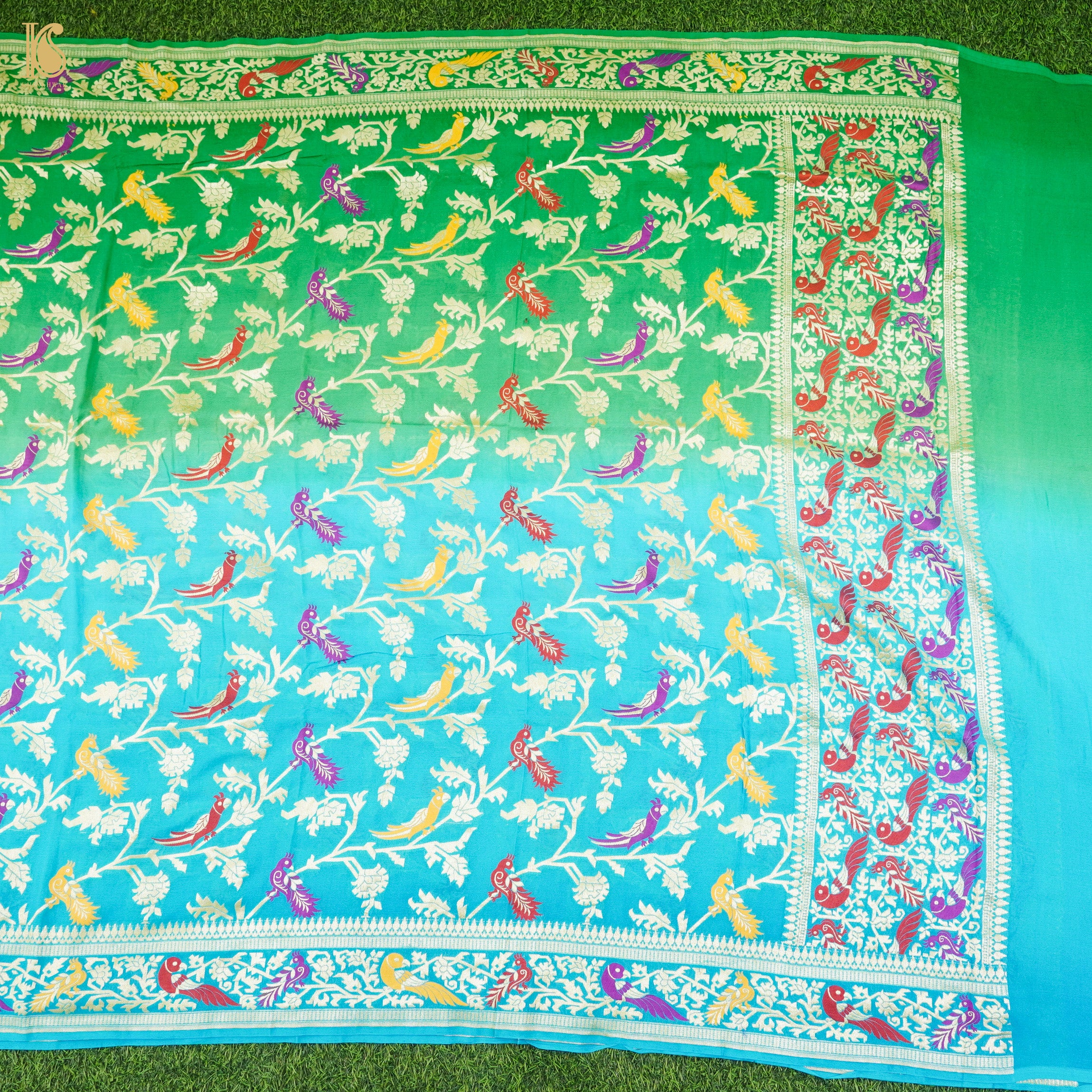 Blue & Green Pure Georgette Banarasi Meenakari Birds Dupatta - Khinkhwab