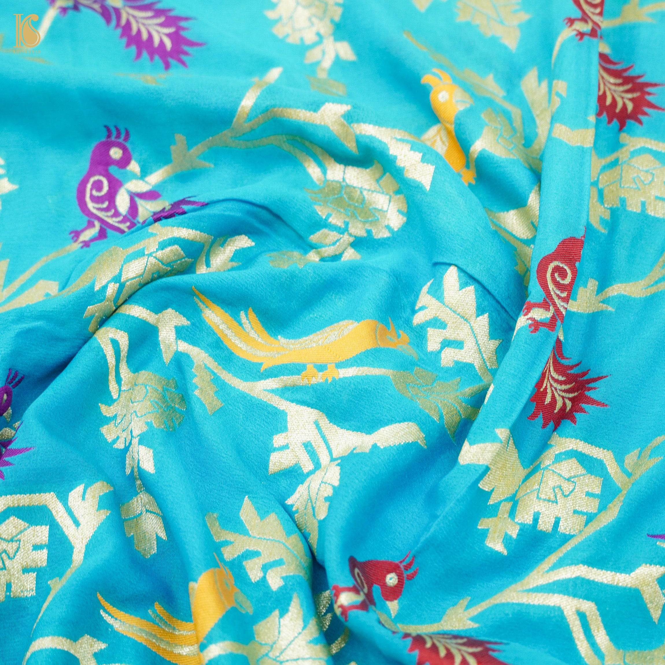 Blue & Green Pure Georgette Banarasi Meenakari Birds Dupatta - Khinkhwab