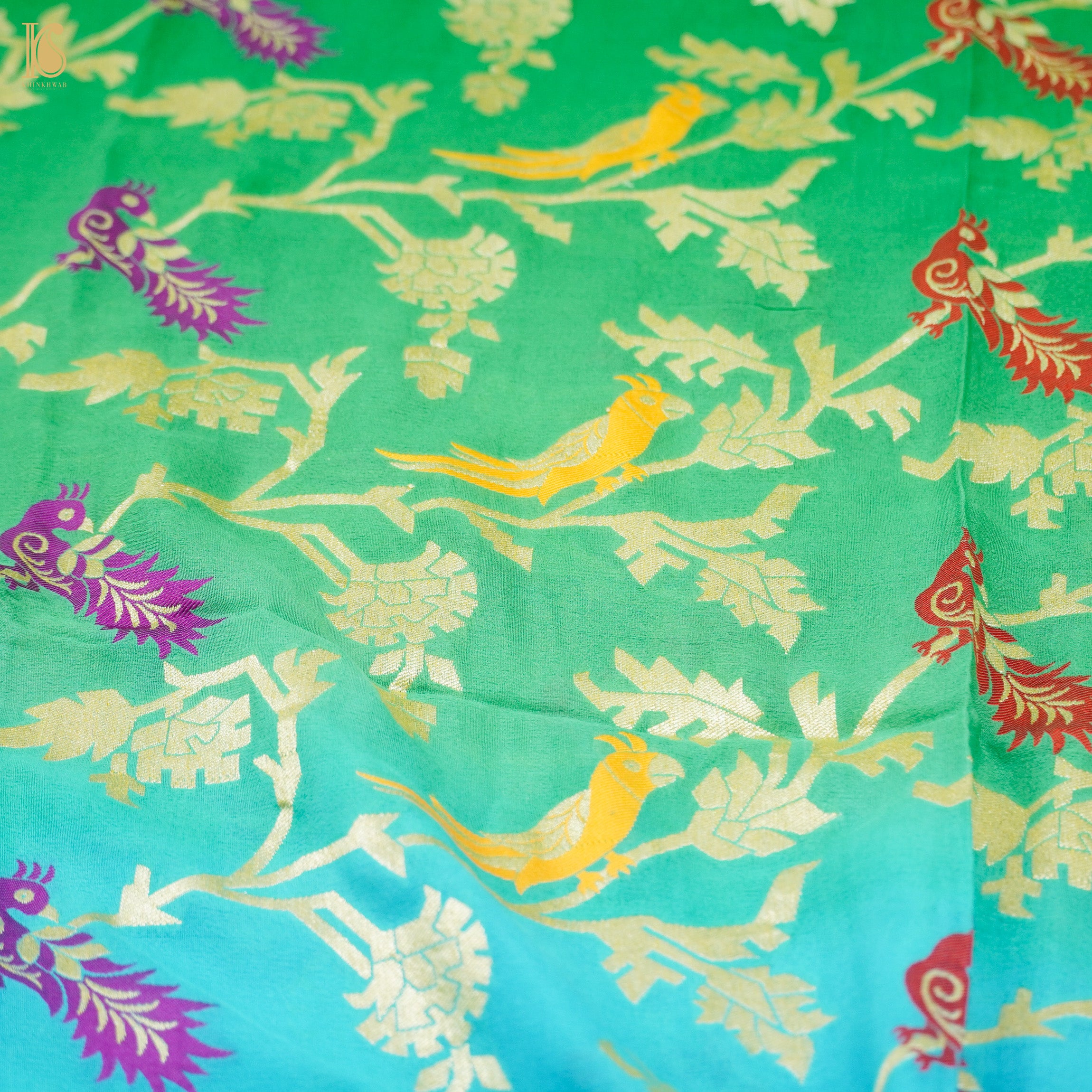 Blue & Green Pure Georgette Banarasi Meenakari Birds Dupatta - Khinkhwab
