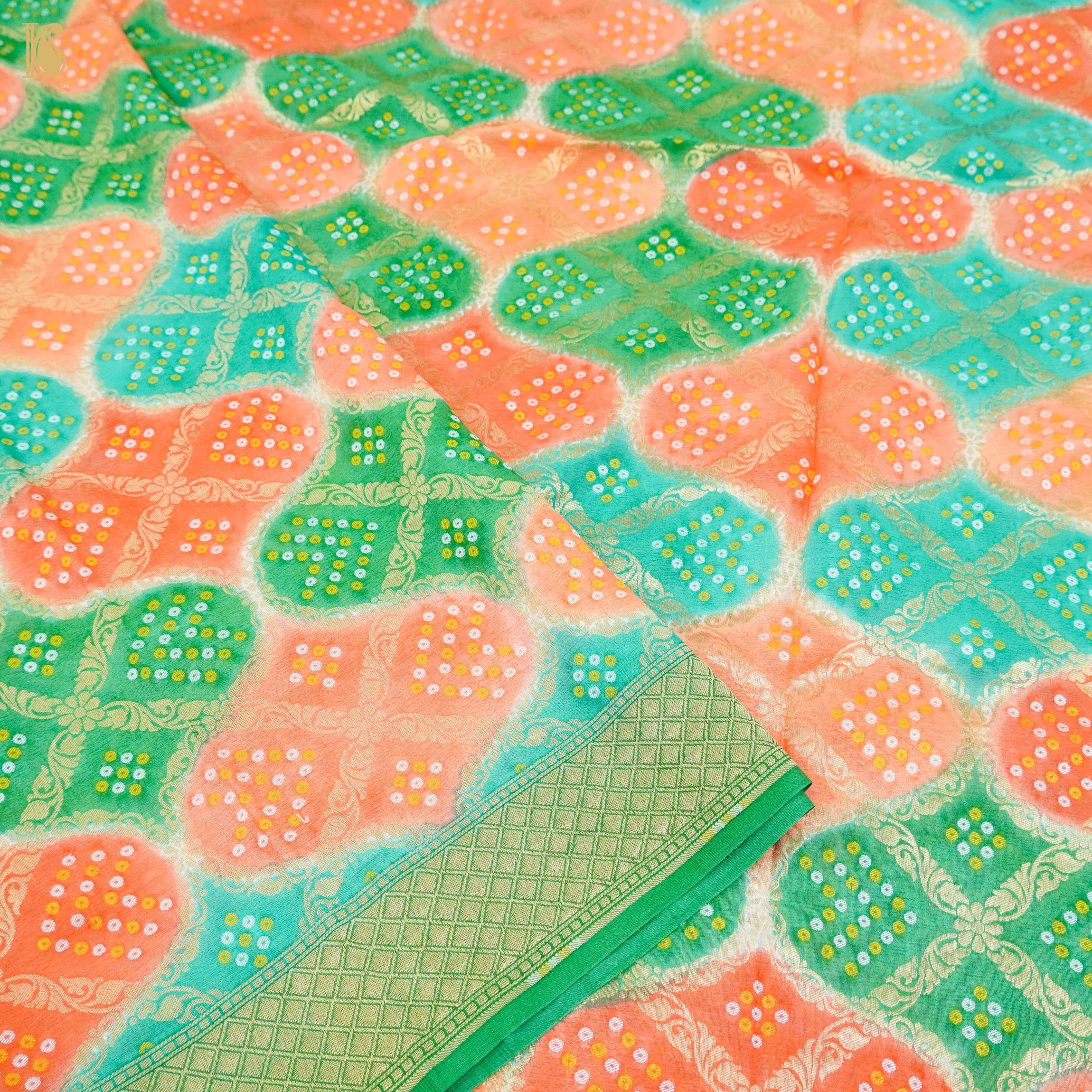 Green & Peach Pure Georgette Banarasi Dupatta with Woven Dots - Khinkhwab