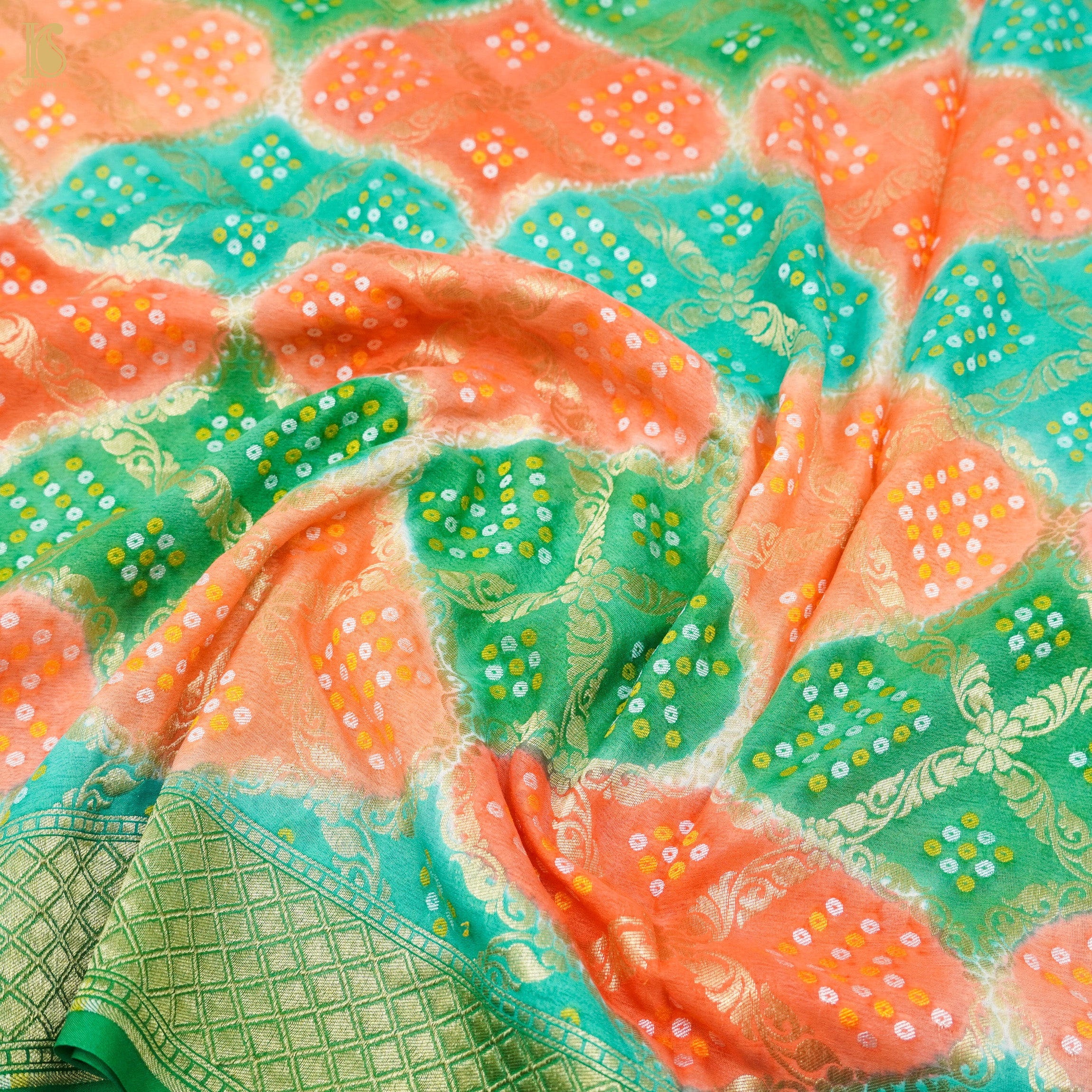 Green & Peach Pure Georgette Banarasi Dupatta with Woven Dots - Khinkhwab