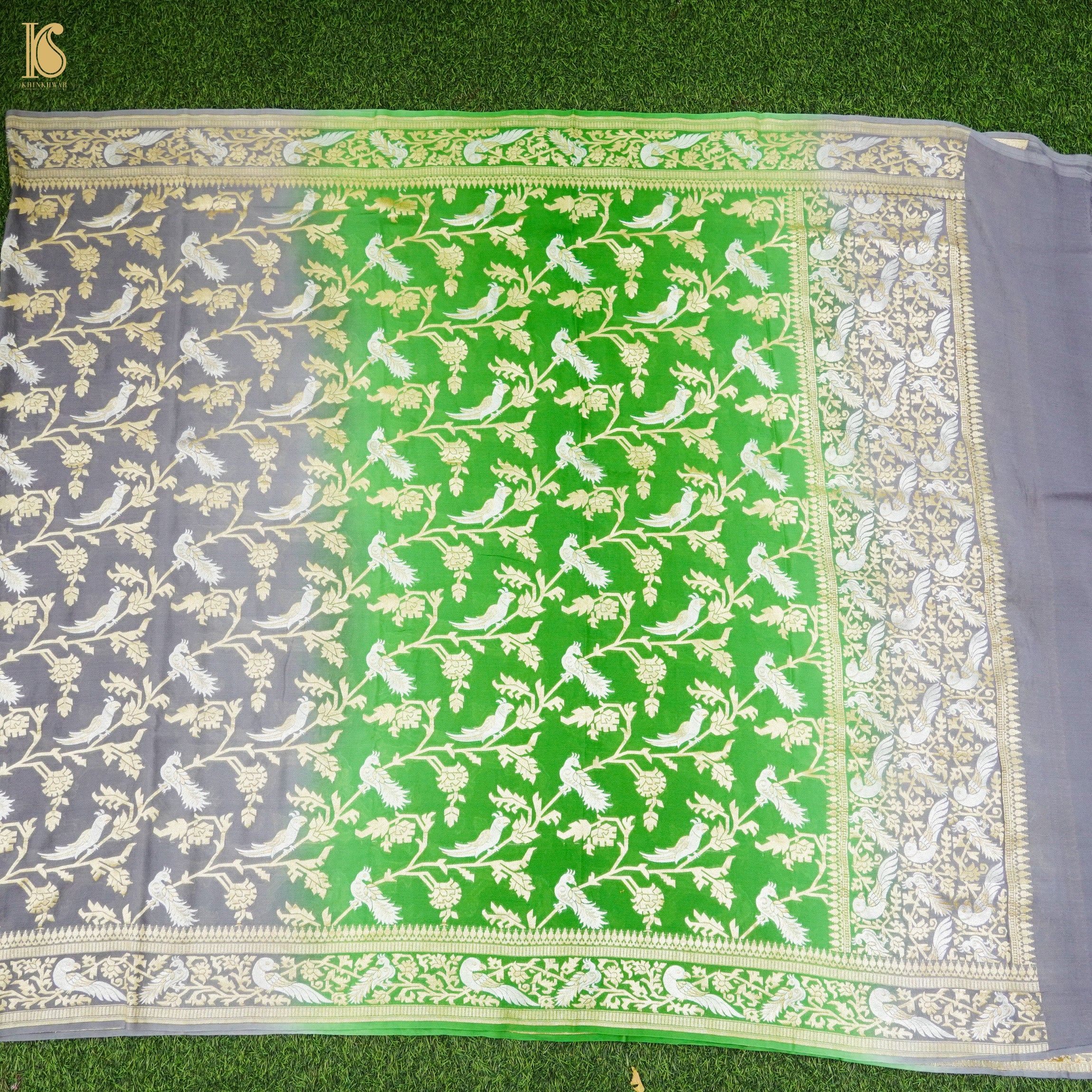 Green & Grey Pure Georgette Banarasi Meenakari Birds Dupatta - Khinkhwab